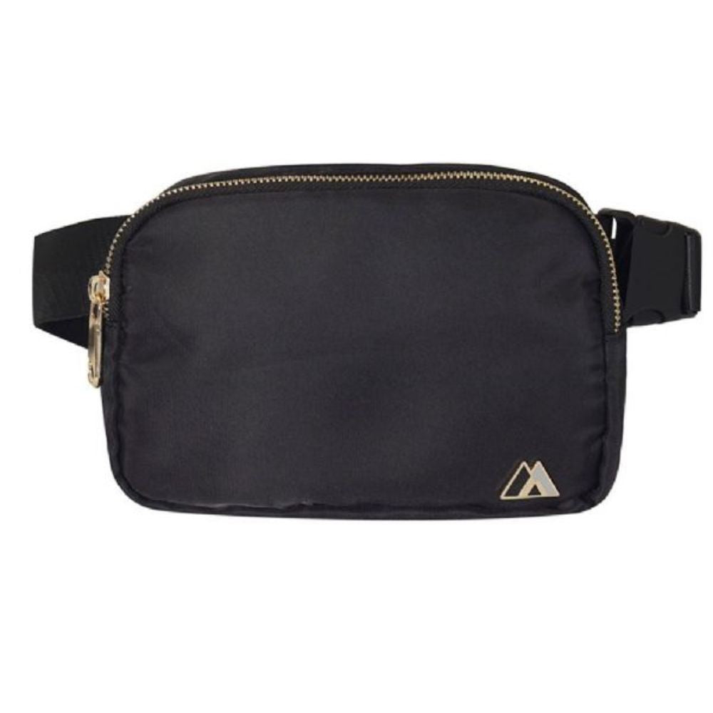 A stylish and functional PREMIUM WAIST PACK LARGE in black, featuring polished chrome zippers and an adjustable waist strap.