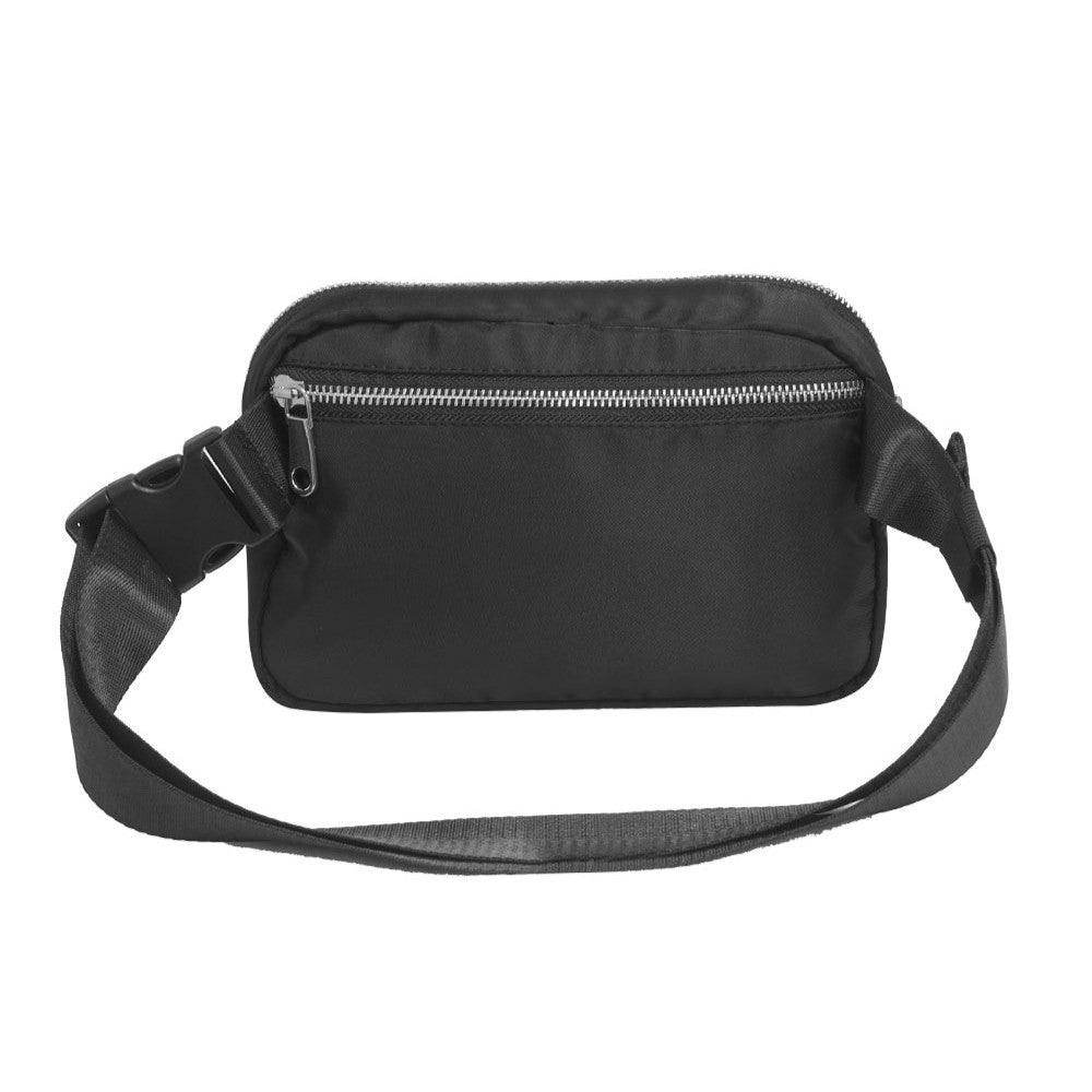 A stylish and functional PREMIUM WAIST PACK LARGE in black, featuring polished chrome zippers and an adjustable waist strap.