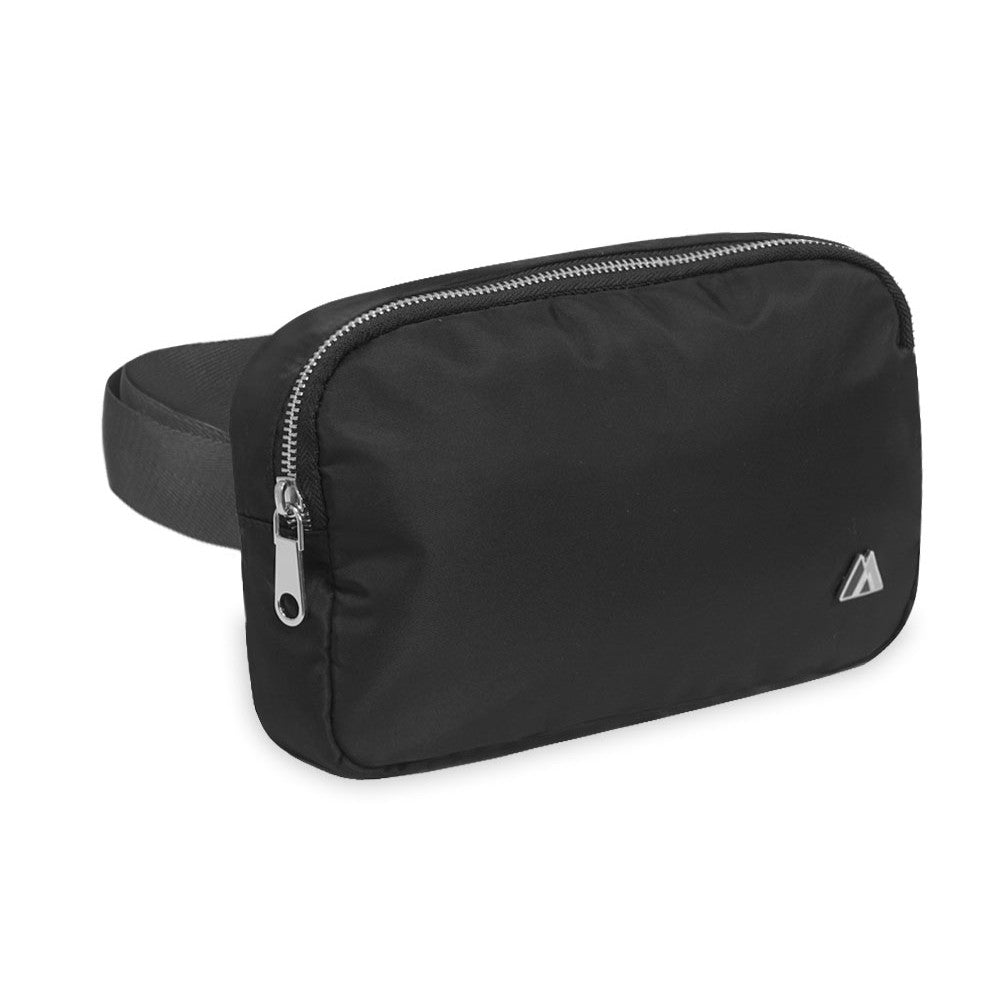 A stylish and functional PREMIUM WAIST PACK LARGE in black, featuring polished chrome zippers and an adjustable waist strap.