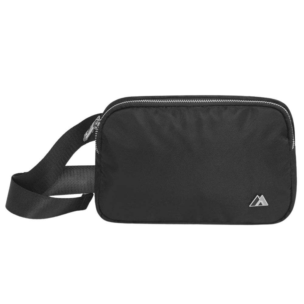 A stylish and functional PREMIUM WAIST PACK LARGE in black, featuring polished chrome zippers and an adjustable waist strap.