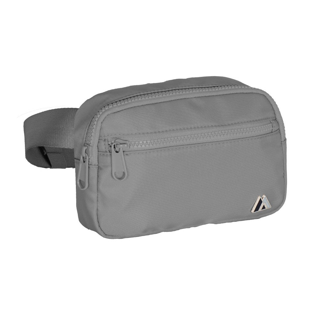 A stylish PREMIUM WAIST PACK STANDARD featuring a front zippered compartment, adjustable waist strap, and polished chrome zippers, ideal for everyday use.