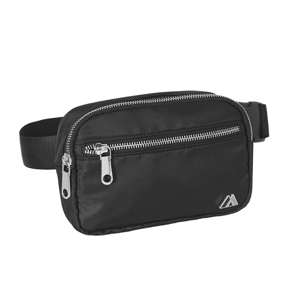 A stylish PREMIUM WAIST PACK STANDARD featuring a front zippered compartment, adjustable waist strap, and polished chrome zippers, ideal for everyday use.