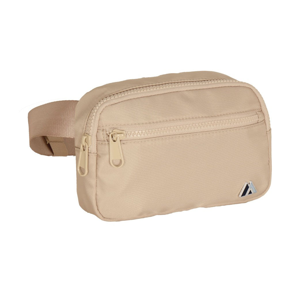 A stylish PREMIUM WAIST PACK STANDARD featuring a front zippered compartment, adjustable waist strap, and polished chrome zippers, ideal for everyday use.