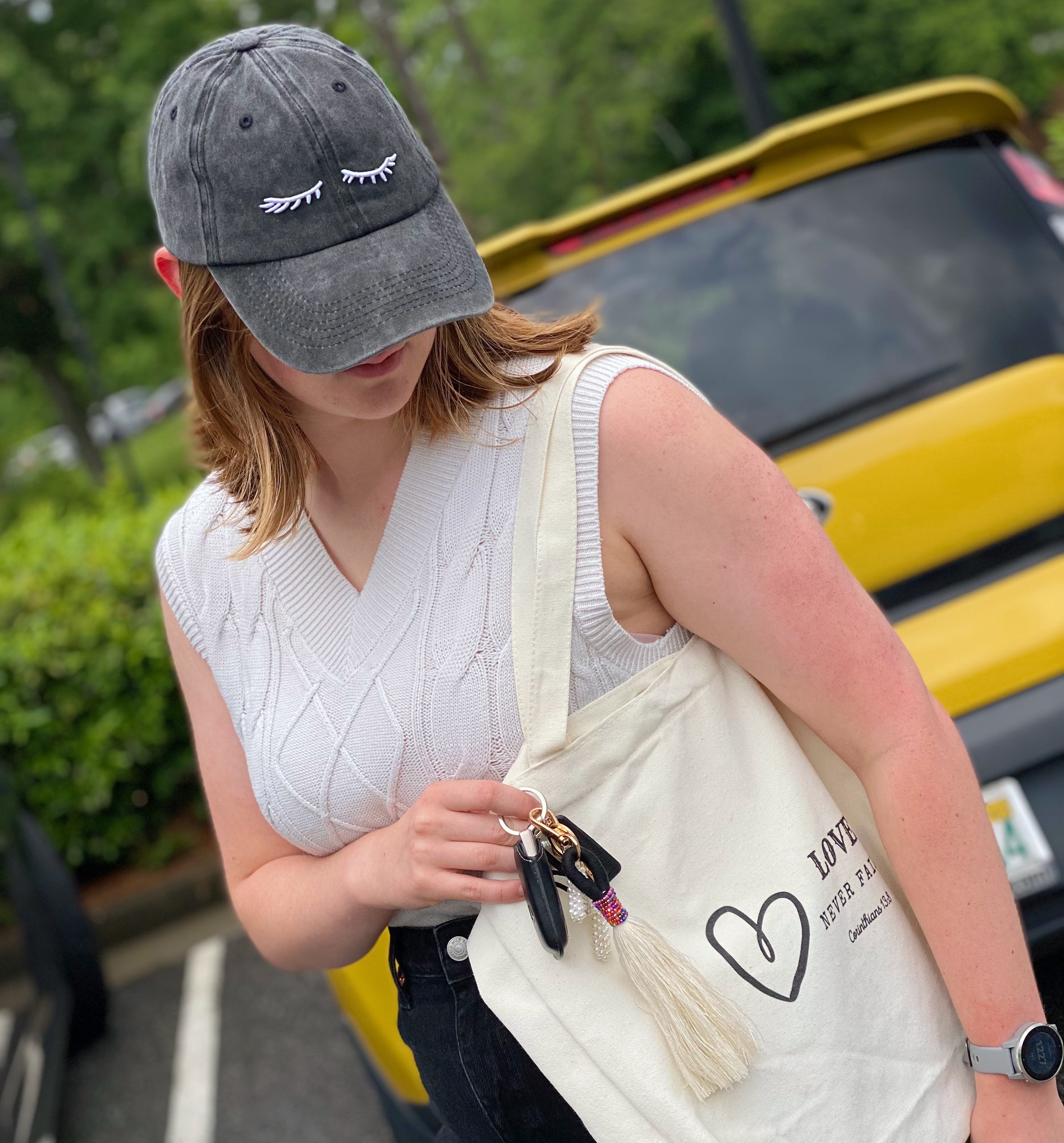 Pretty Eyelash Ball Cap featuring 3D embroidery on a washed cotton fabric, showcasing a stylish curved brim and adjustable strap.