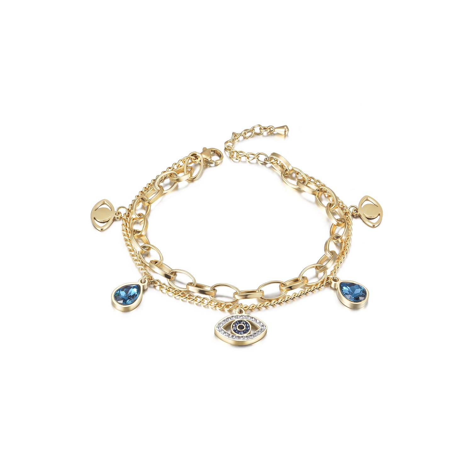 A stylish Prevent Harm Evil Eye Bracelet made of 316L surgical stainless steel with 14K gold PVD plating, featuring an evil eye design.