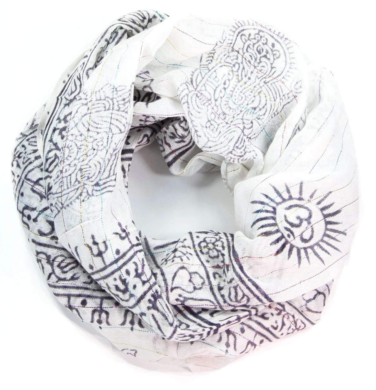 A vibrant scarf featuring the Om symbol and Ganesha, adorned with spiritual motifs like tridents, hearts, and henna patterns.