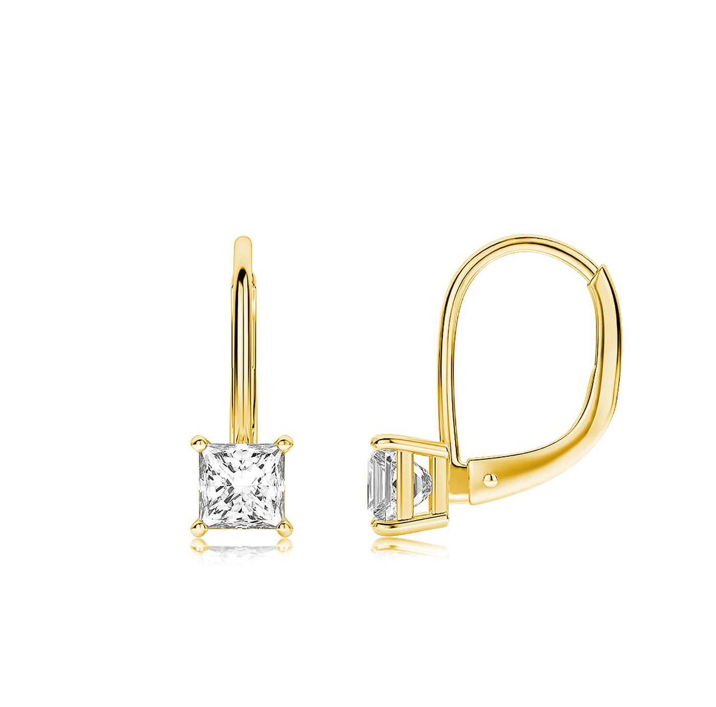 Elegant Princess Cut Elements Simple Leverback Earrings in 14K Gold with white stones, showcasing a luxurious design and comfort fit.