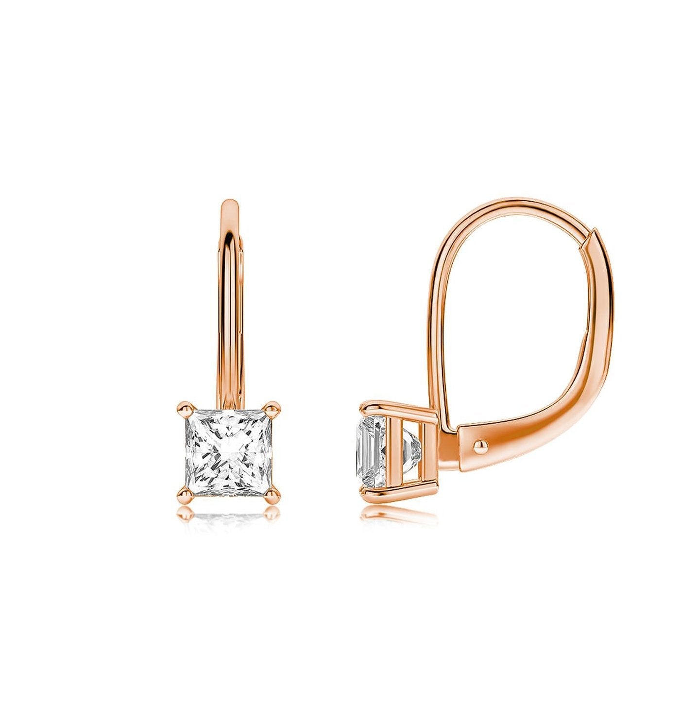 Elegant Princess Cut Elements Simple Leverback Earrings in 14K Rose Gold with white stones, showcasing a refined design.