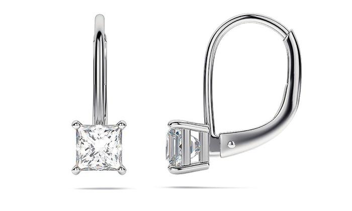 Elegant Princess Cut Elements Simple Leverback Earrings in 14K White Gold, showcasing a brilliant white stone and a comfortable leverback design.