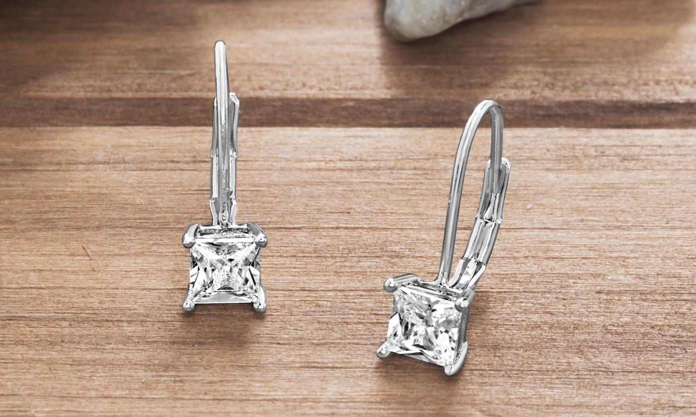 Elegant Princess Cut Elements Simple Leverback Earrings in 14K White Gold, showcasing a brilliant white stone and a comfortable leverback design.