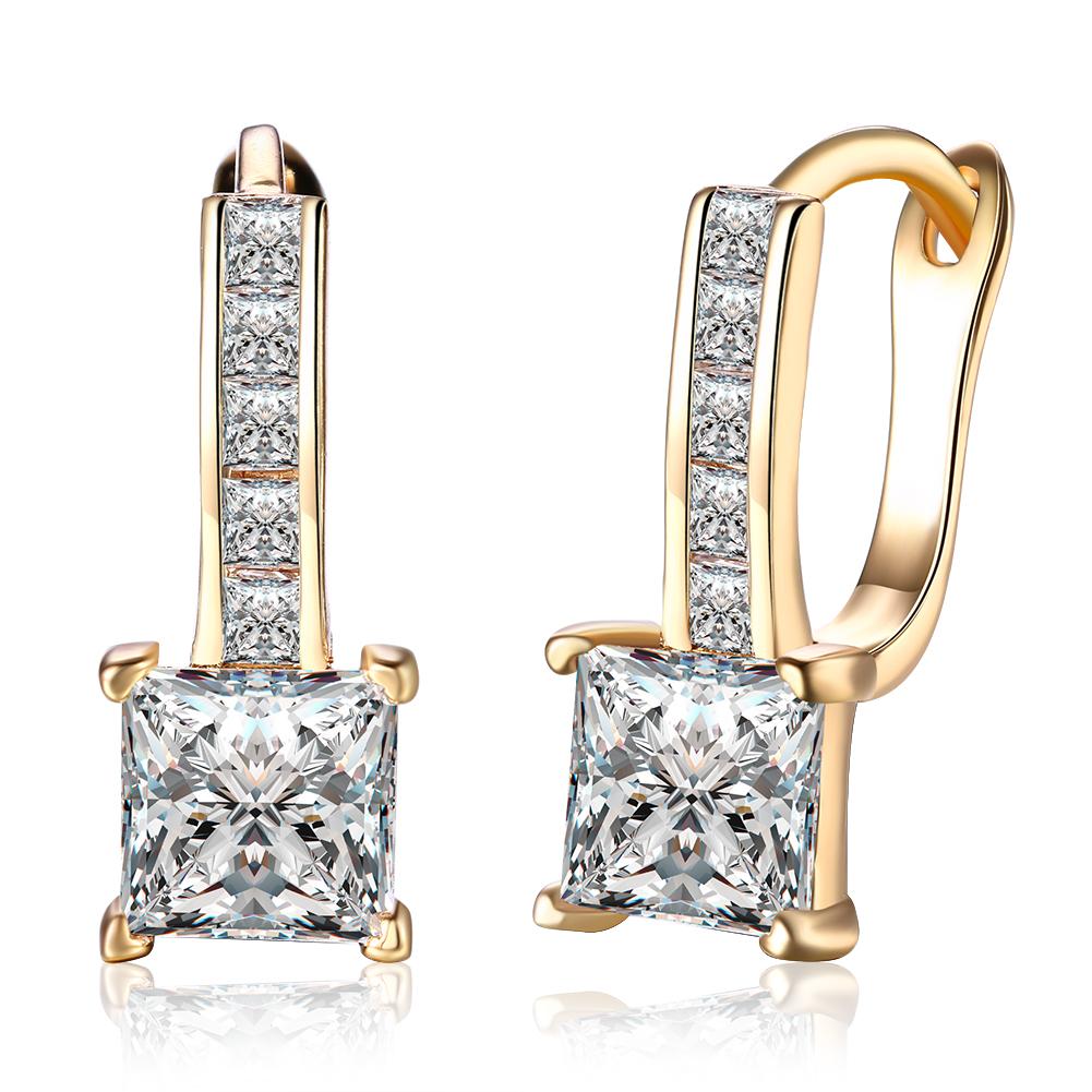 Elegant Princess Cut Pav'e Elements earrings in 14K gold with certified crystals, showcasing a luxurious design and hypoallergenic features.