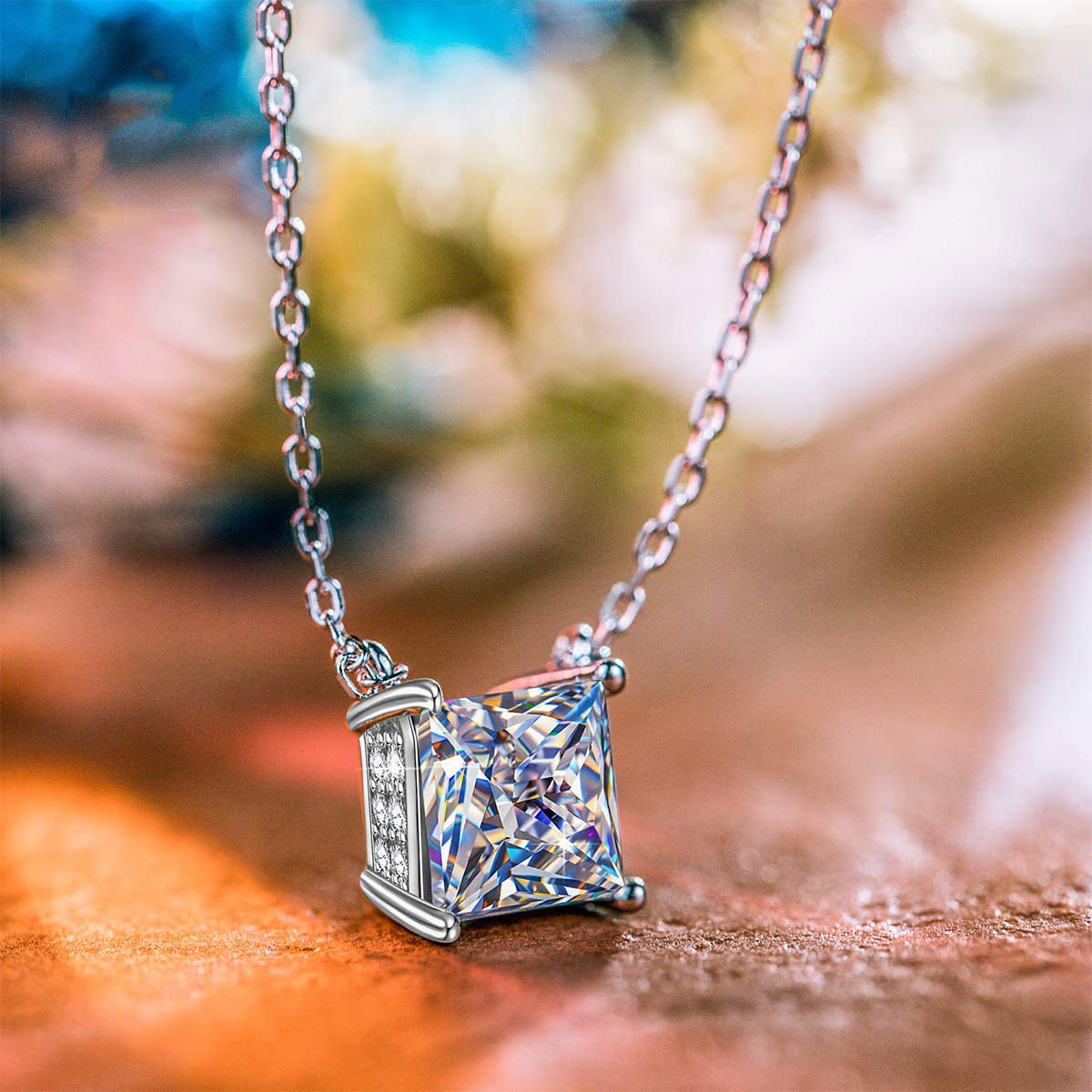 Elegant Princess Cut Simulated Diamond Asscher Cut Necklace in 14K white gold plating, featuring a sparkling simulated diamond pendant.