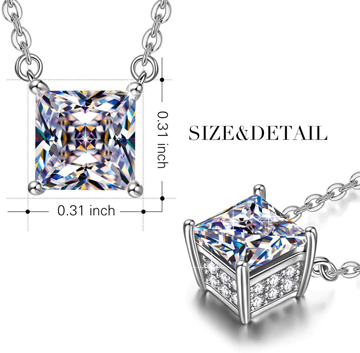 Elegant Princess Cut Simulated Diamond Asscher Cut Necklace in 14K white gold plating, featuring a sparkling simulated diamond pendant.