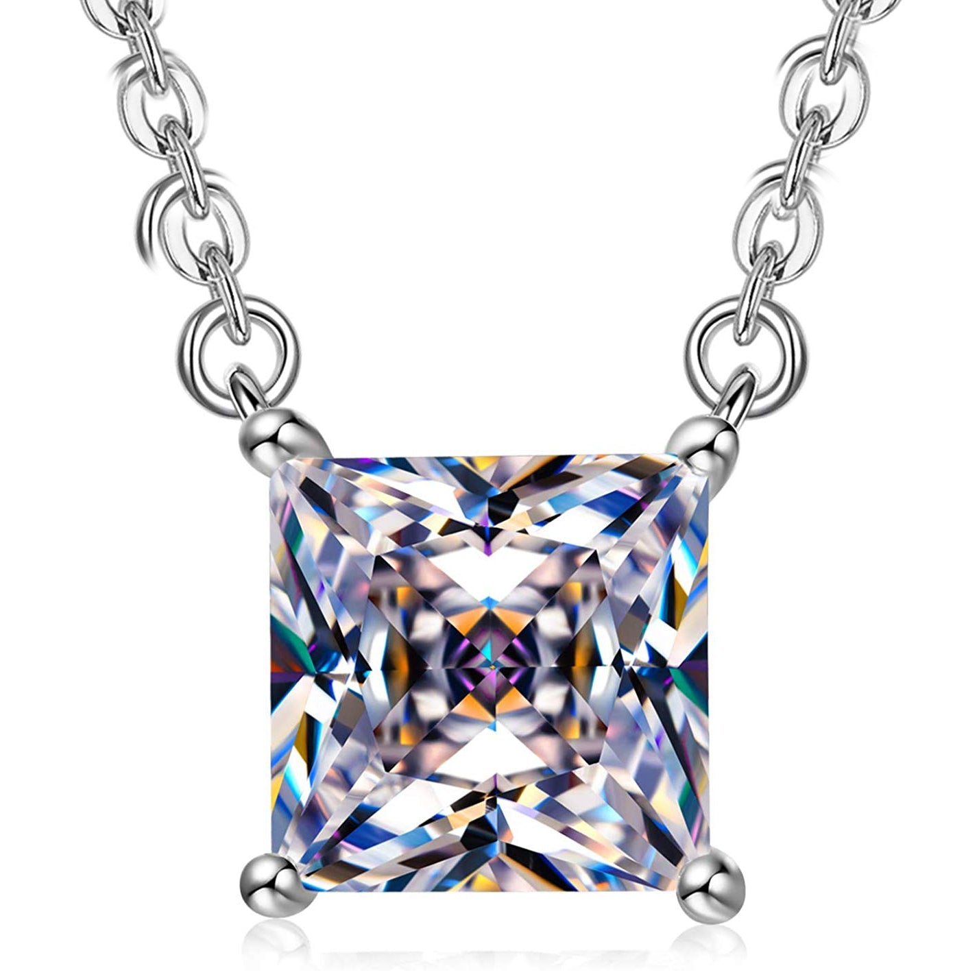 Elegant Princess Cut Simulated Diamond Asscher Cut Necklace in 14K white gold plating, featuring a sparkling simulated diamond pendant.