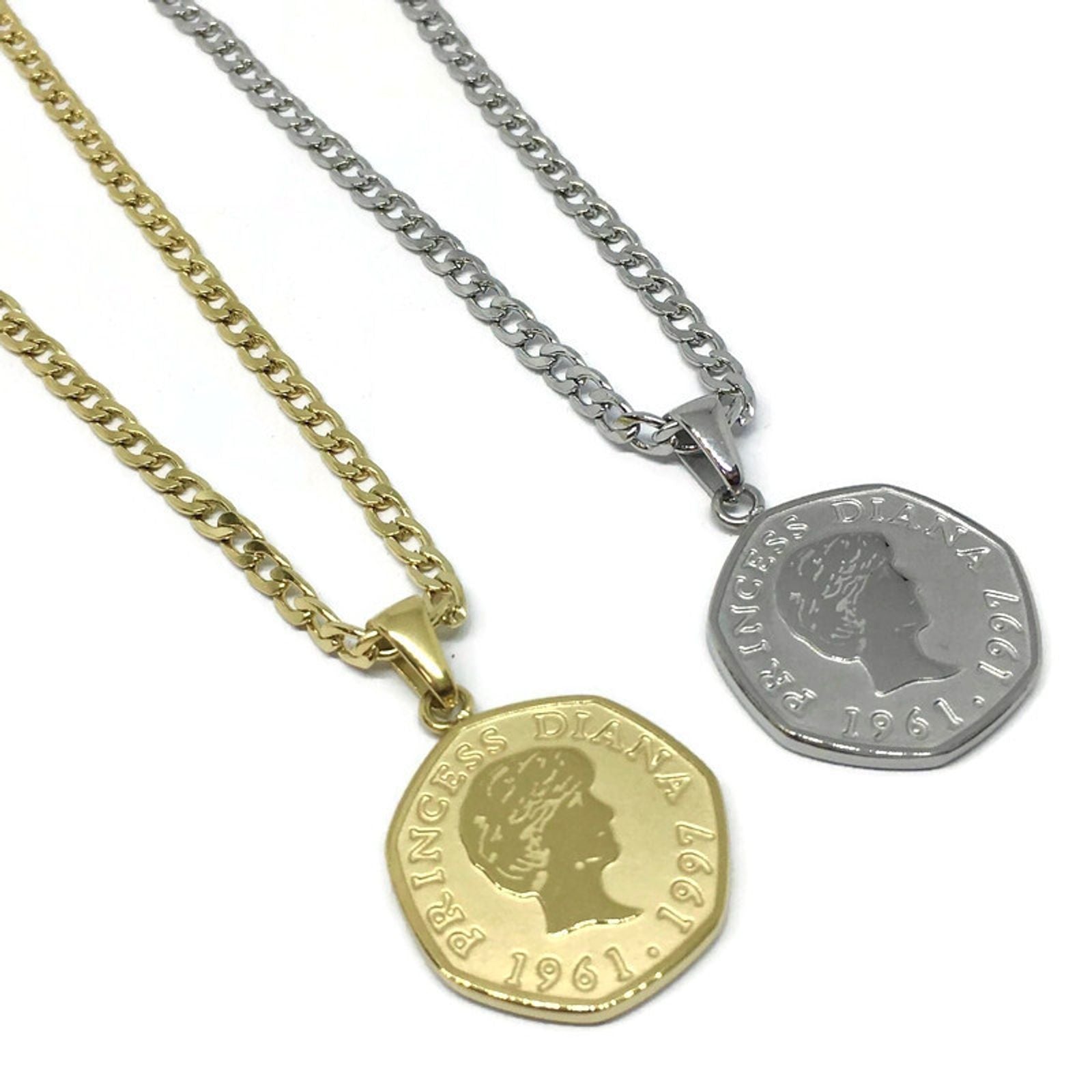 Elegant Princess Diana 50 Pence Necklace made of stainless steel with a 2x2cm pendant and adjustable chain.