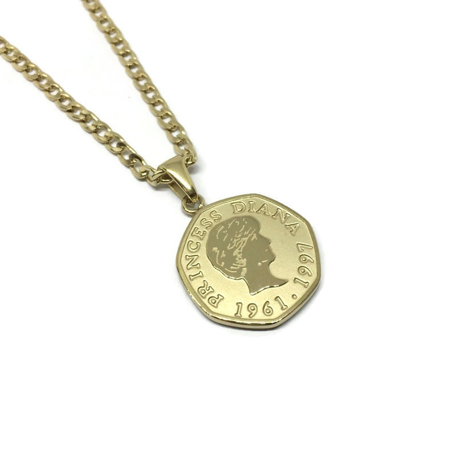 Elegant Princess Diana 50 Pence Necklace made of stainless steel with a 2x2cm pendant and adjustable chain.