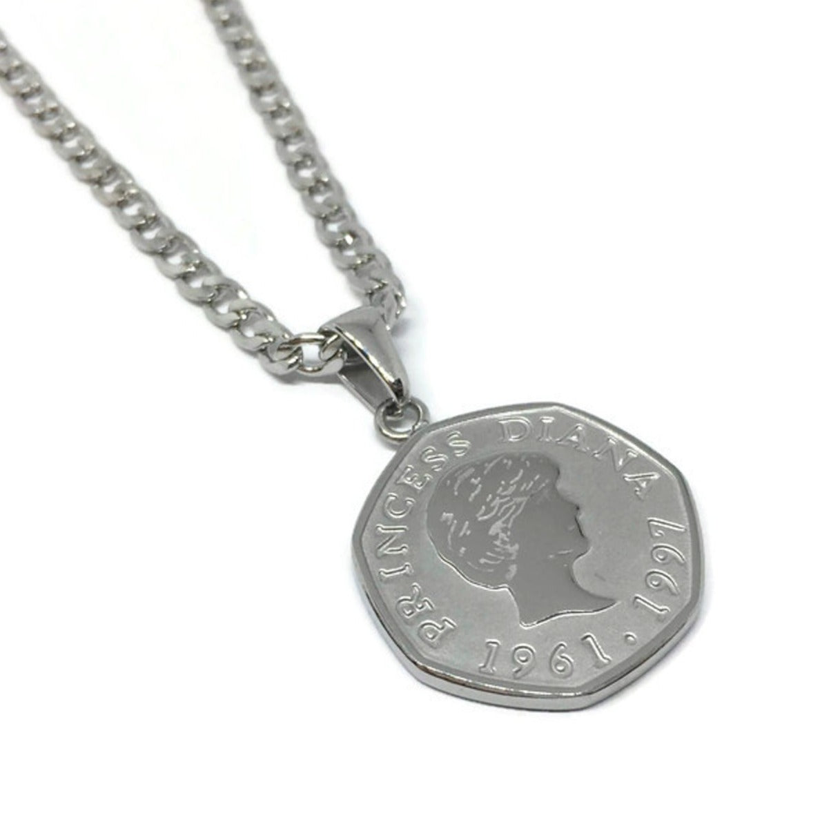 Elegant Princess Diana 50 Pence Necklace made of stainless steel with a 2x2cm pendant and adjustable chain.