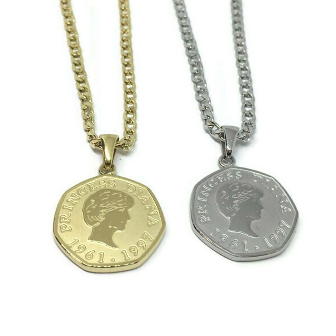 Elegant Princess Diana 50 Pence Necklace made of stainless steel with a 2x2cm pendant and adjustable chain.