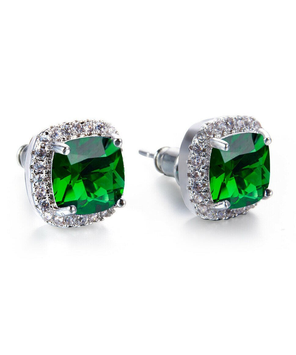 Elegant Princess Halo Cut Stud Earring with Green Austrian Crystals set in 18K White Gold, showcasing a beautiful halo design.