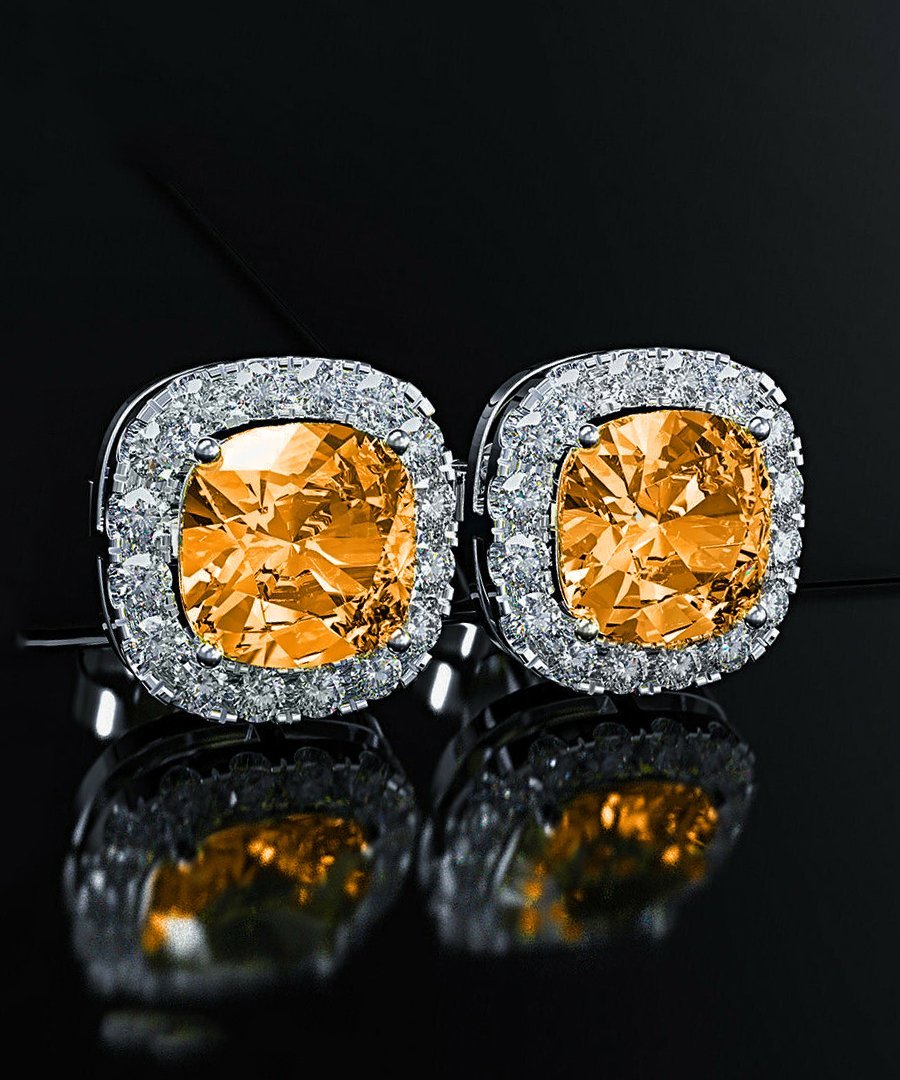 Princess Halo Cut Stud Earring featuring vibrant orange Austrian crystals set in 18K gold, showcasing a delicate and elegant design.