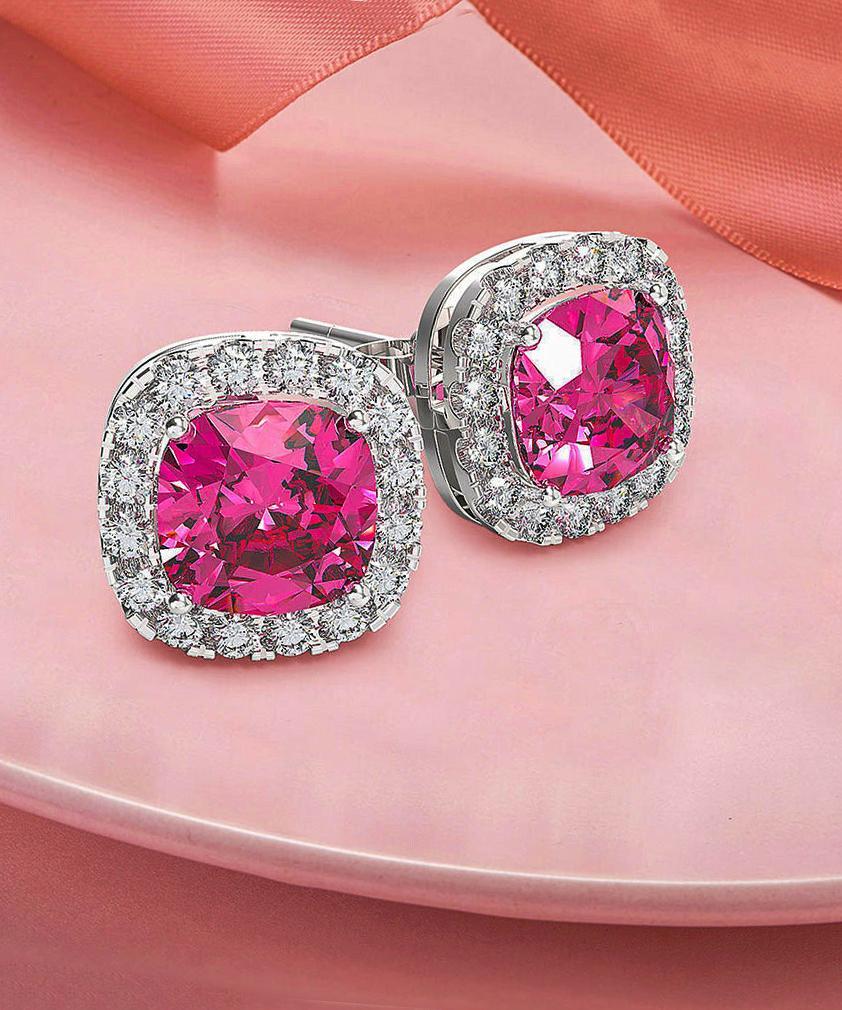 Princess Halo Cut Stud Earring featuring pink Austrian crystals set in 18K white gold, showcasing a delicate and elegant design.