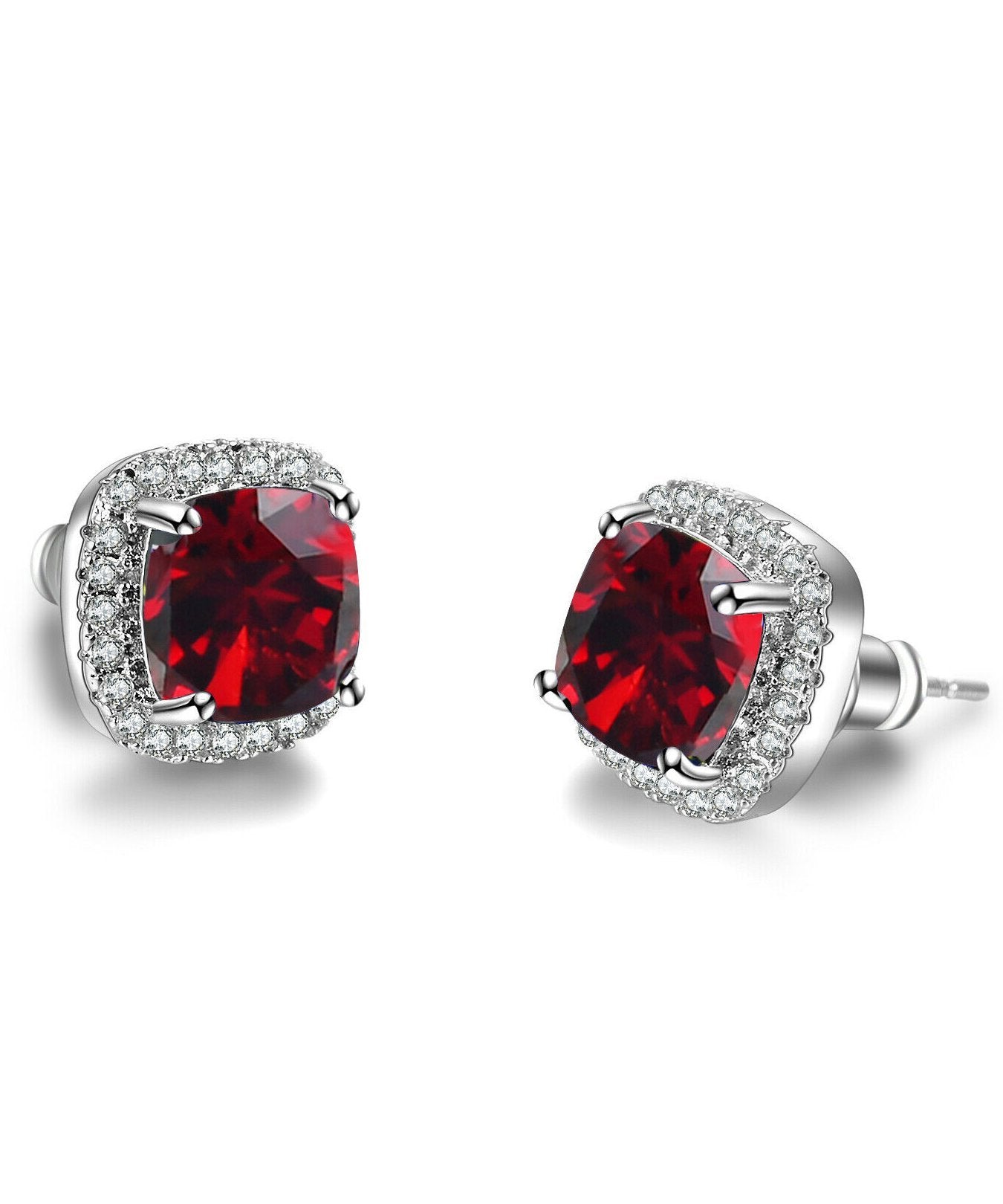 Elegant Princess Halo Cut Stud Earring featuring red Austrian crystals set in 18K white gold, showcasing a beautiful halo design.