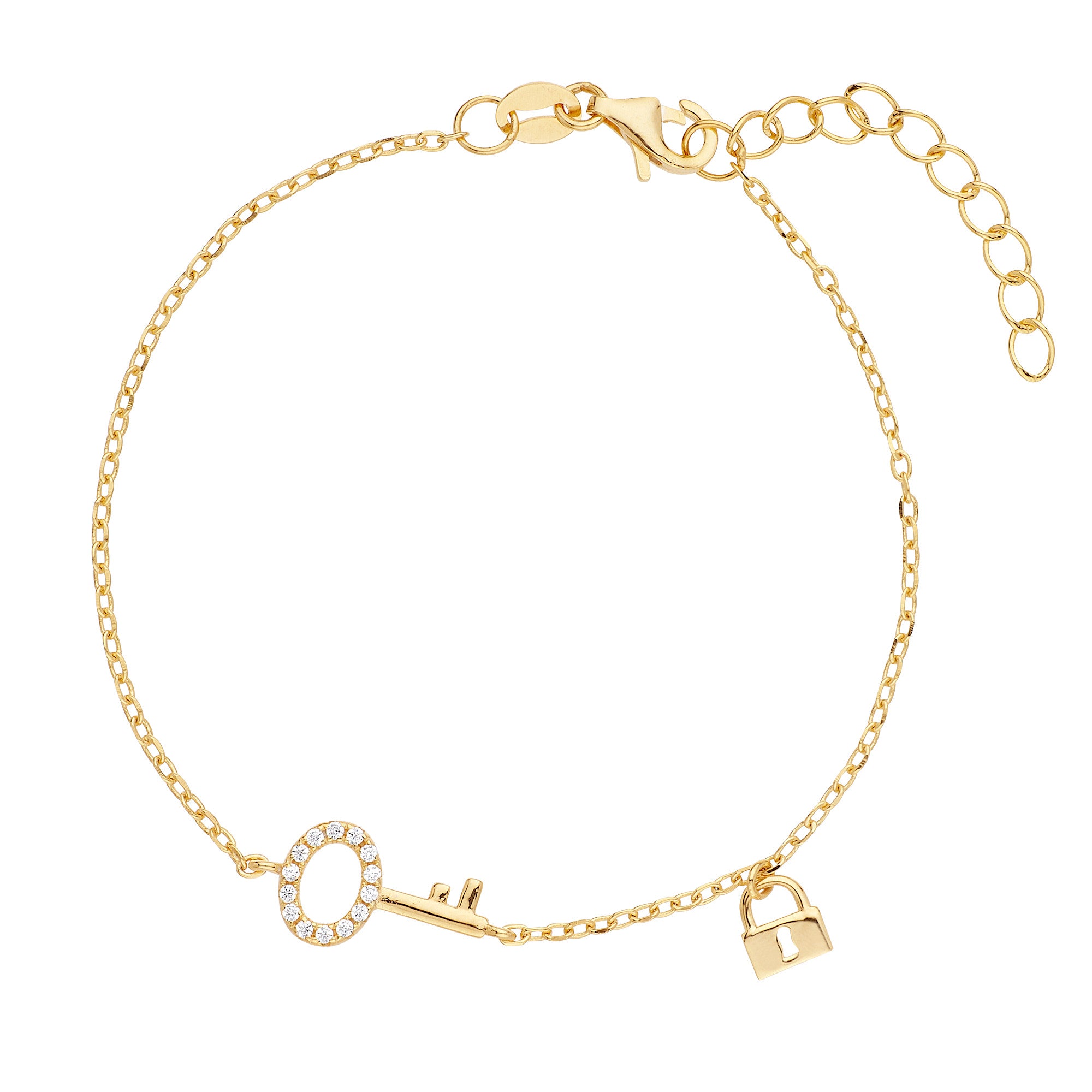 Pulsera Candado y Llave Bañado en Oro con circonitas blancas, elegante y ajustable, ideal para cualquier ocasión.