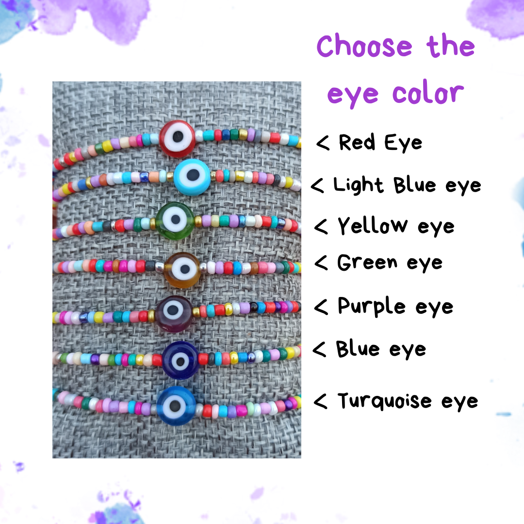 Pulsera de abalorios con ojo turco, hecha a mano con cuentas checas multicolores y un ojo Nazar, símbolo de protección.