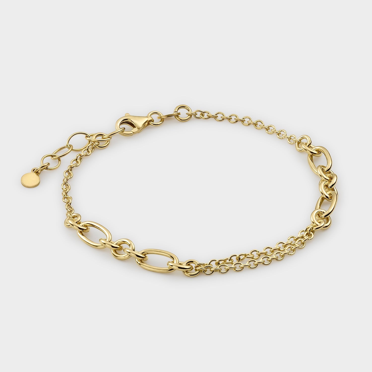 Pulsera de eslabones tipo nudo y cadena doble en plata bañada en oro de 18K, con un diseño elegante y sofisticado.