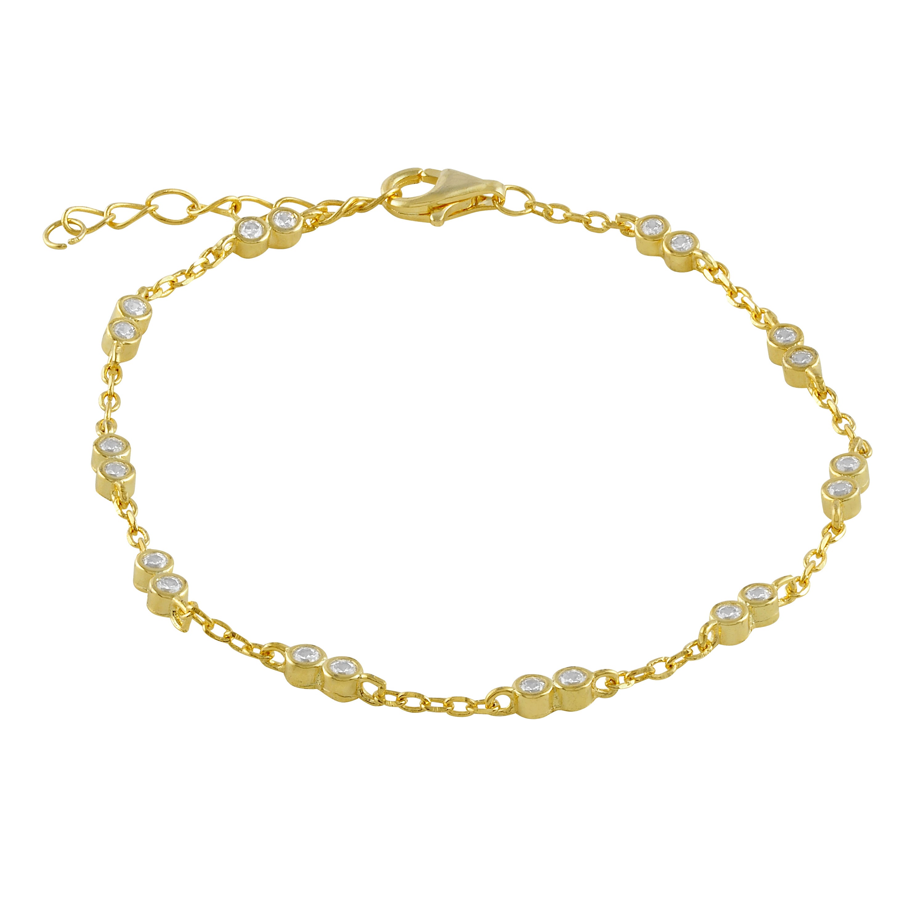 Pulsera de plata bañada en oro amarillo con circonitas redondas brillantes, elegante y ajustable.