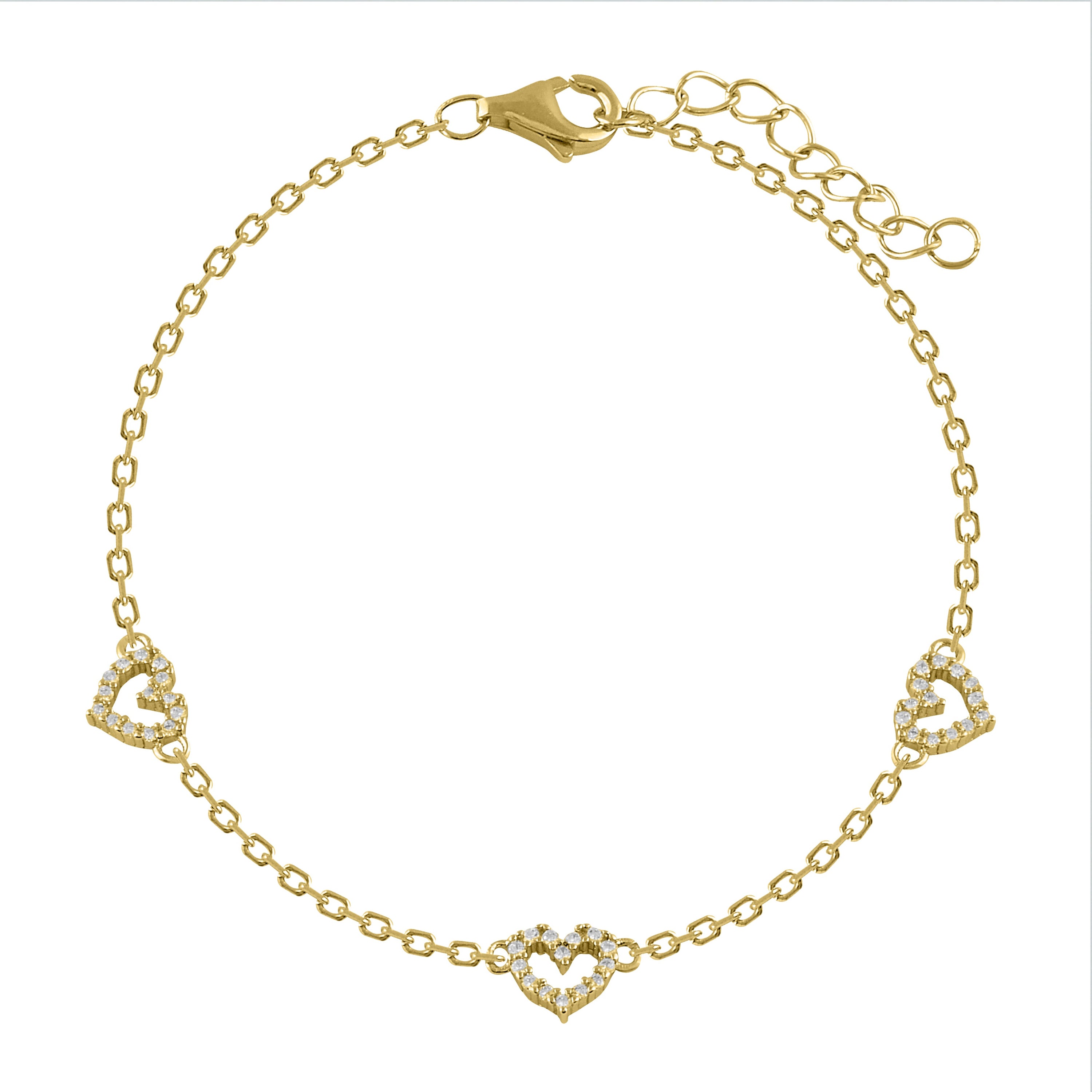 Pulsera de plata bañada en oro con tres corazones decorados con circonitas blancas, elegante y sofisticada.