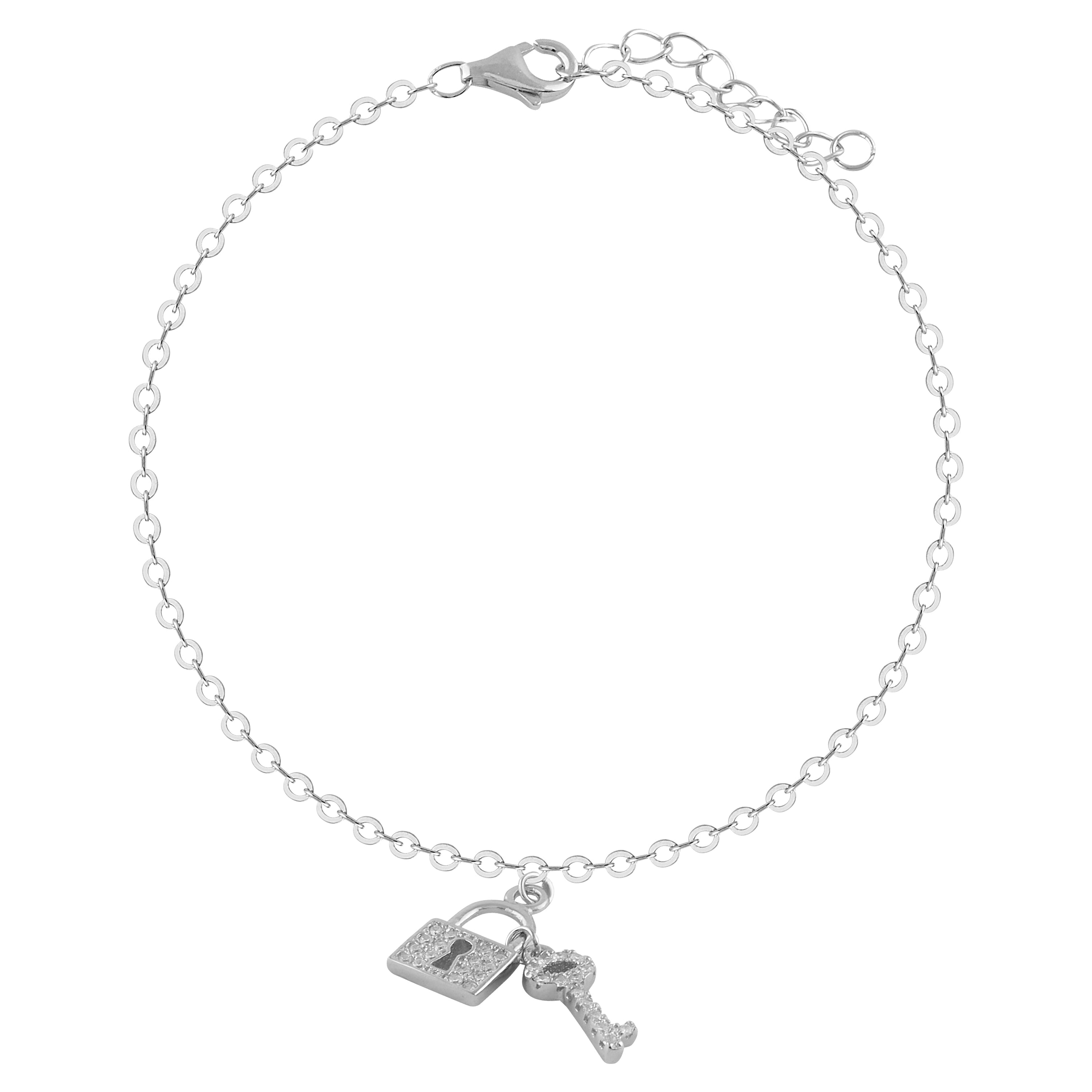 Pulsera de plata con circonitas, diseño de llave y candado, elegante y brillante.