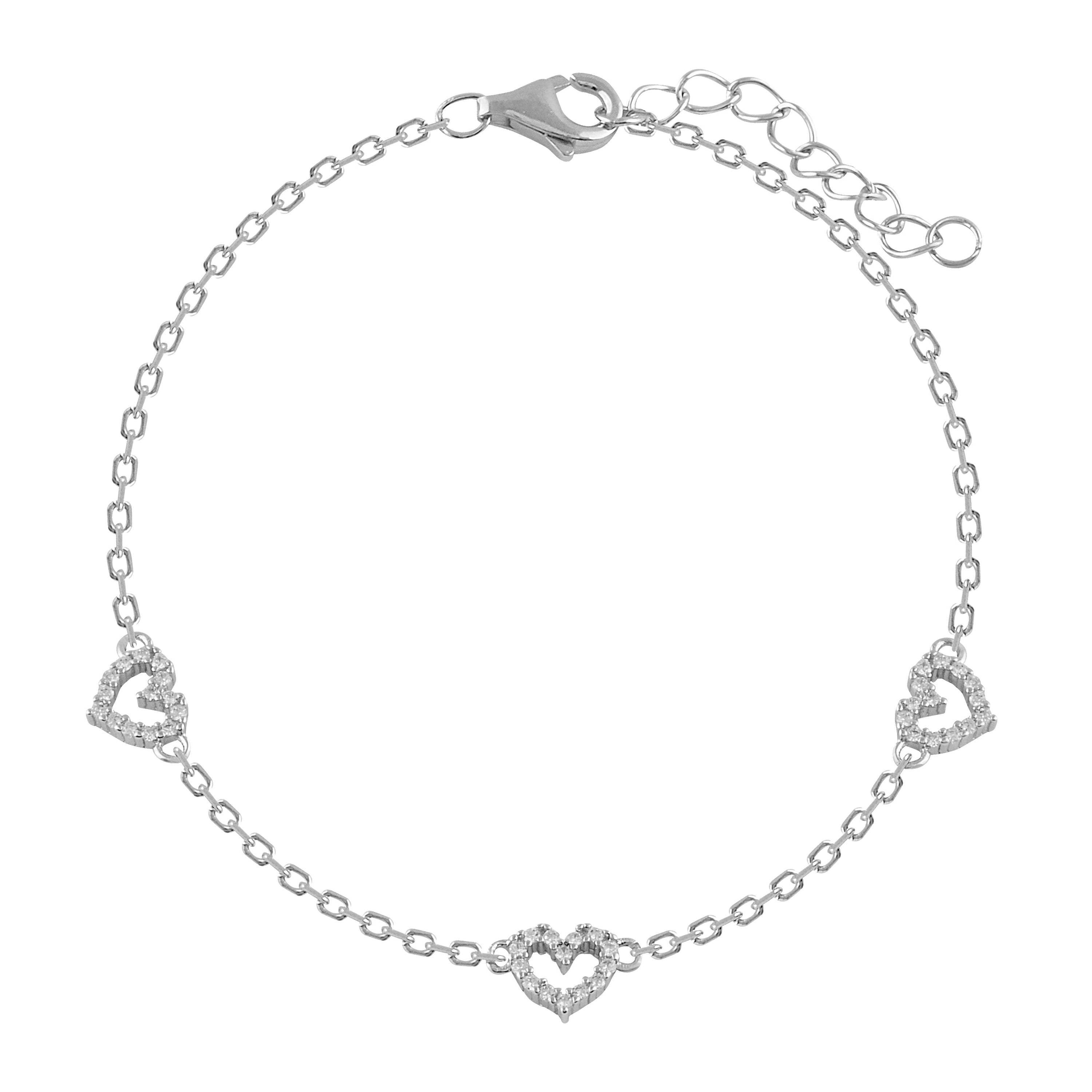 Pulsera de plata con tres corazones adornados con circonitas blancas, elegante y ajustable.