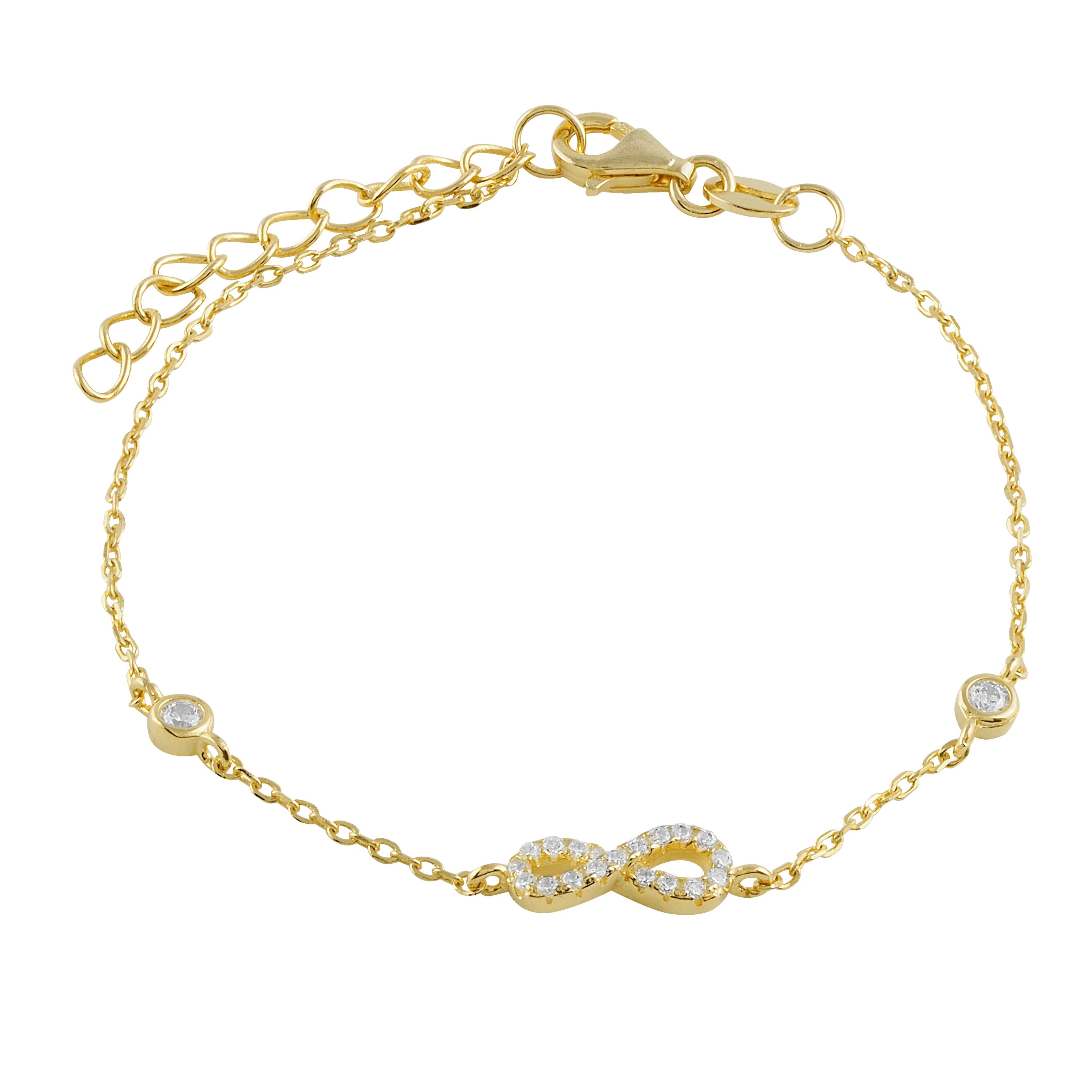 Pulsera elegante de plata con circonitas blancas y baño de oro amarillo, diseño de infinito, ajustable para cualquier muñeca.