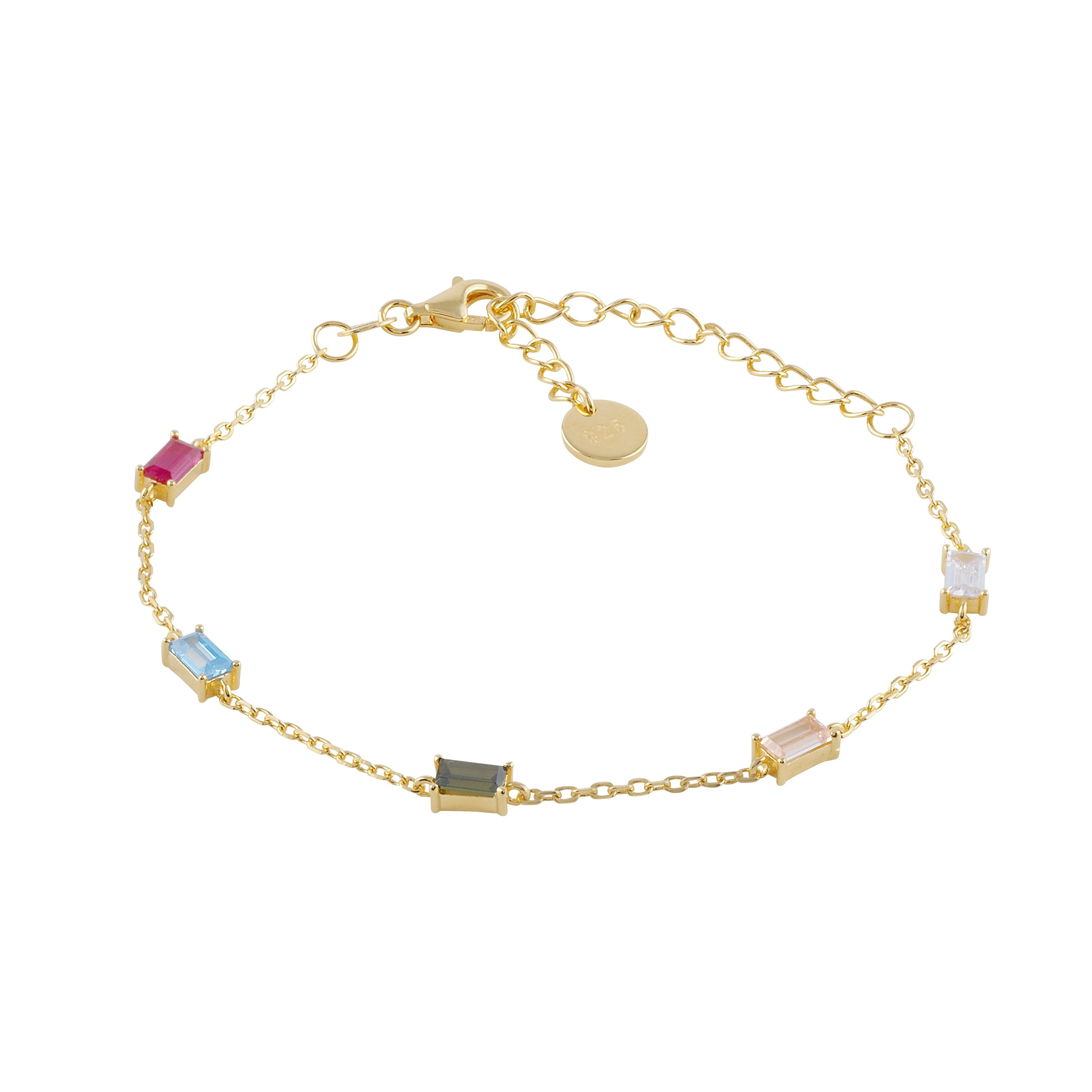 Pulsera Maya de plata bañada en oro con circonitas de colores, elegante y sofisticada, ideal para cualquier ocasión.