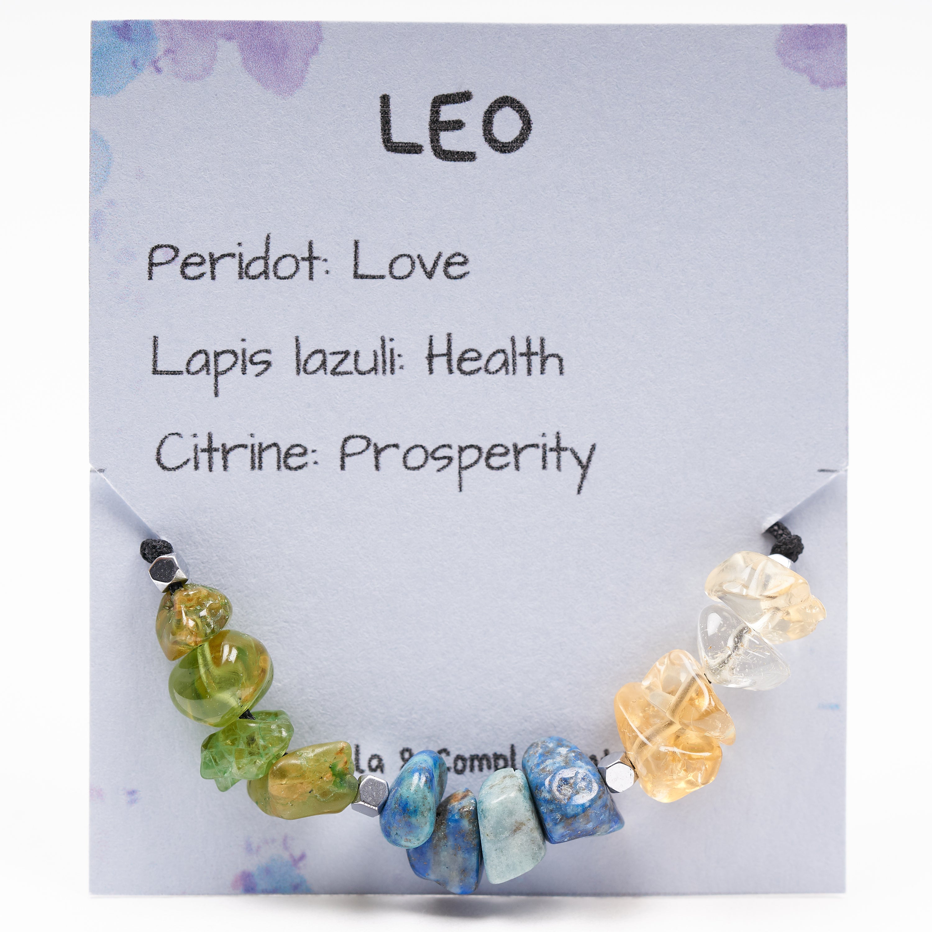 Pulsera ajustable de hilo con piedras irregulares para el signo zodiacal Leo, incluyendo peridoto, lapislázuli y citrino, presentada en un elegante diseño.