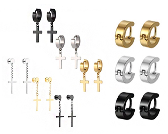 A collection of punk-inspired stainless steel men's ear studs featuring cross and hoop designs.