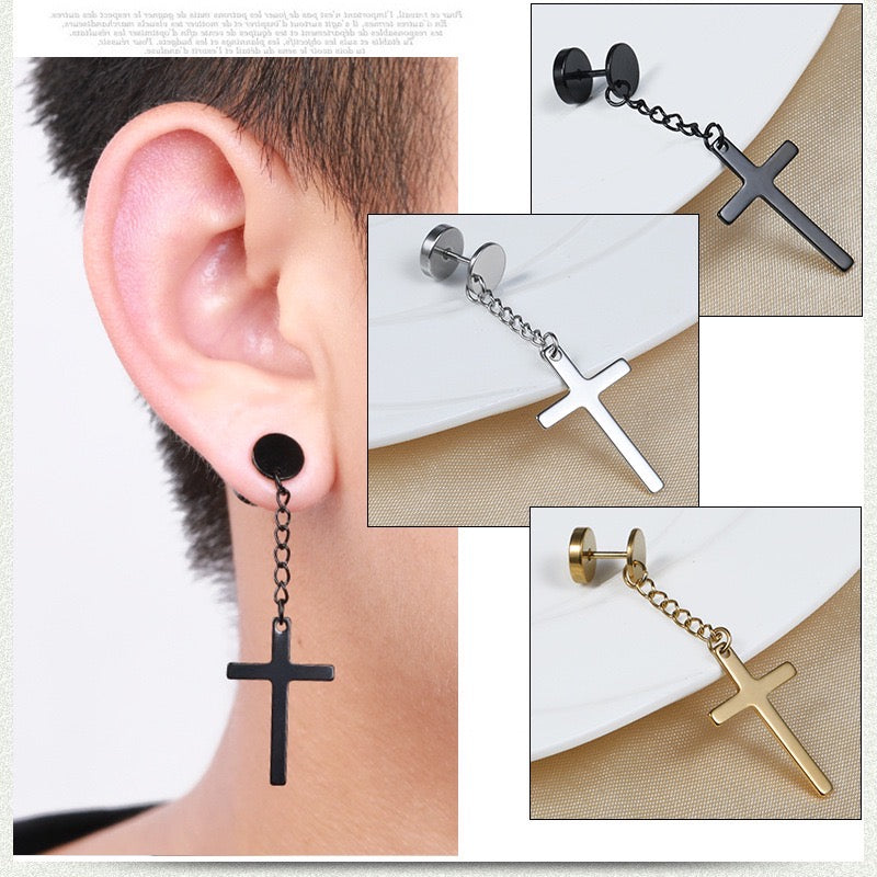 A collection of punk-inspired stainless steel men's ear studs featuring cross and hoop designs.