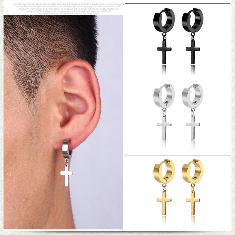 A collection of punk-inspired stainless steel men's ear studs featuring cross and hoop designs.