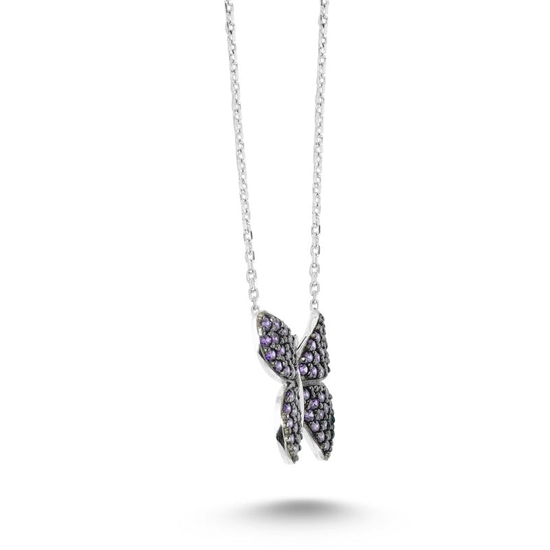 A beautiful Purple Butterfly Silver Necklace featuring a sparkling CZ crystal pendant, handmade from 925 sterling silver with a delicate chain.