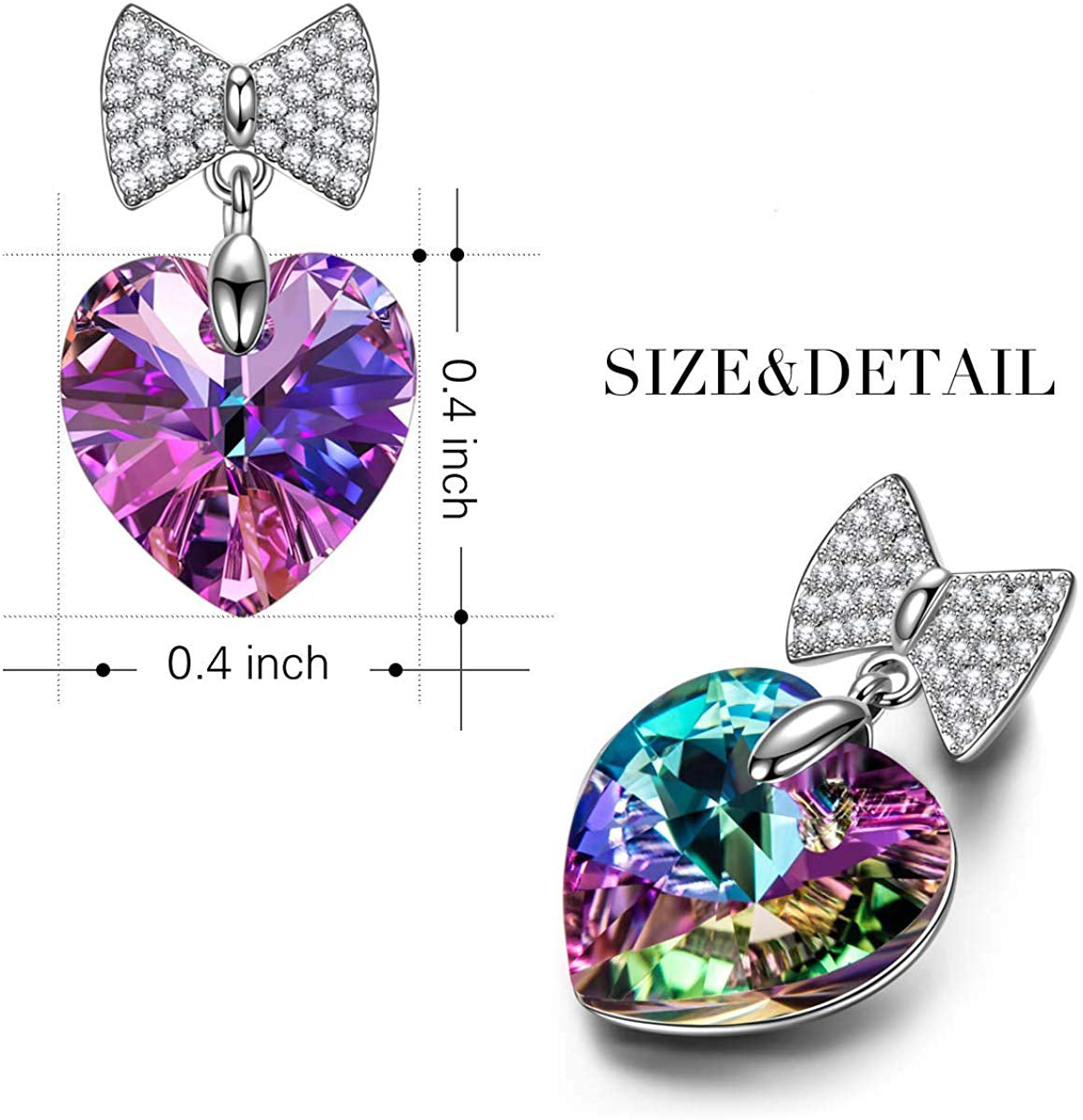 Elegant purple heart shaped bow-tie pave drop earrings made of 14K white gold plated brass with a stunning crystal centerpiece.