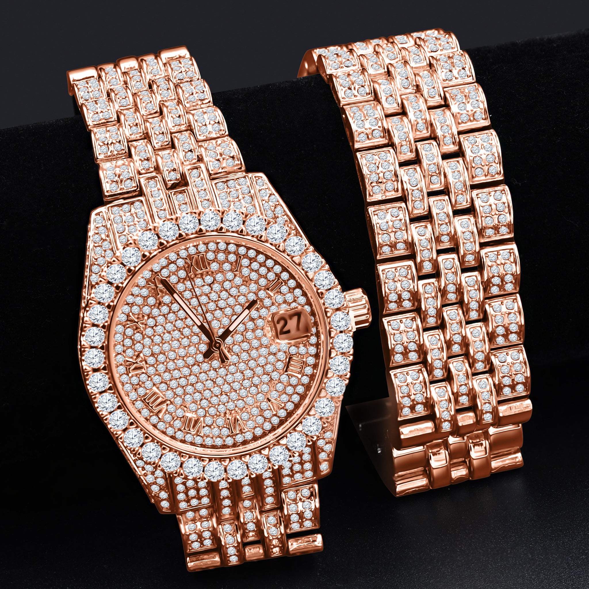 PURPUREUS 5-Link Iced Out Watch and Bracelet Set featuring crystal stones and adjustable links.