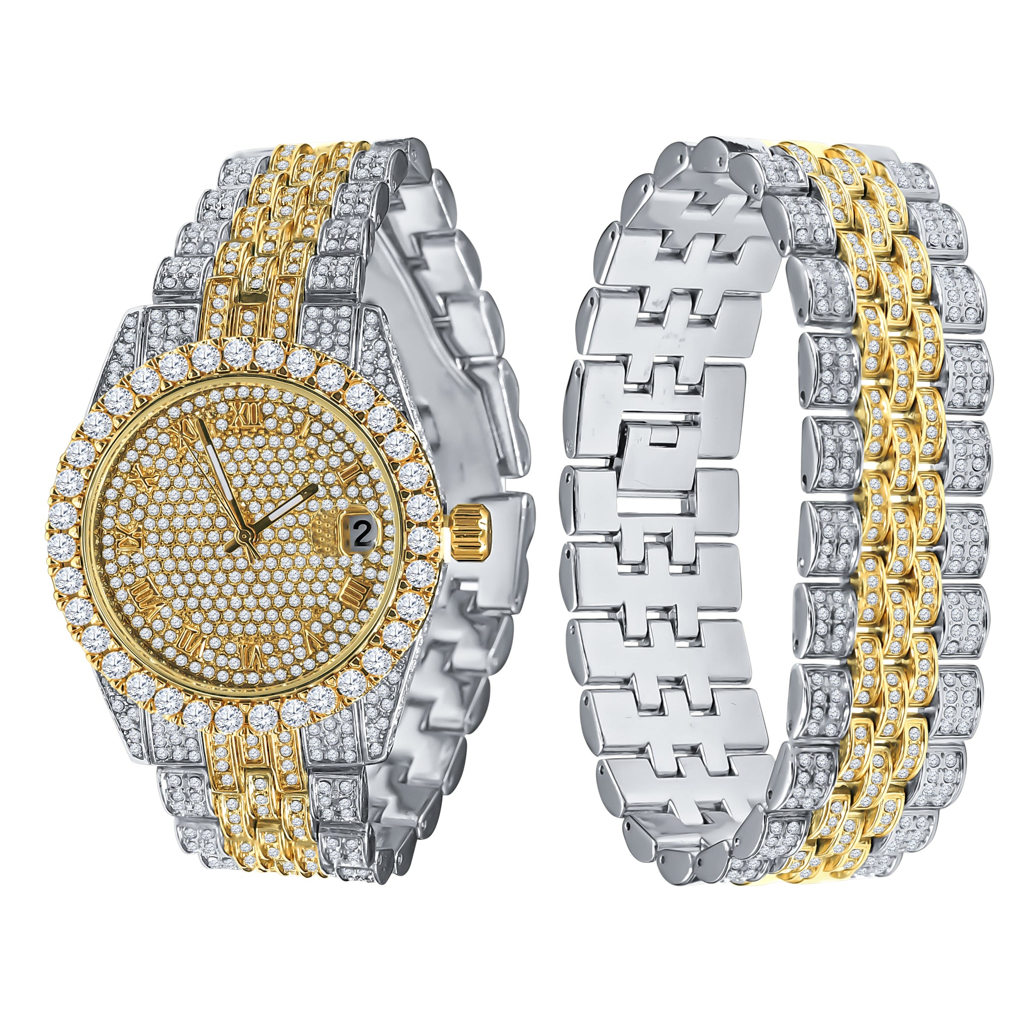 PURPUREUS Watch Set featuring a two-toned wristwatch and bracelet adorned with sparkling crystal stones, showcasing elegance and style.