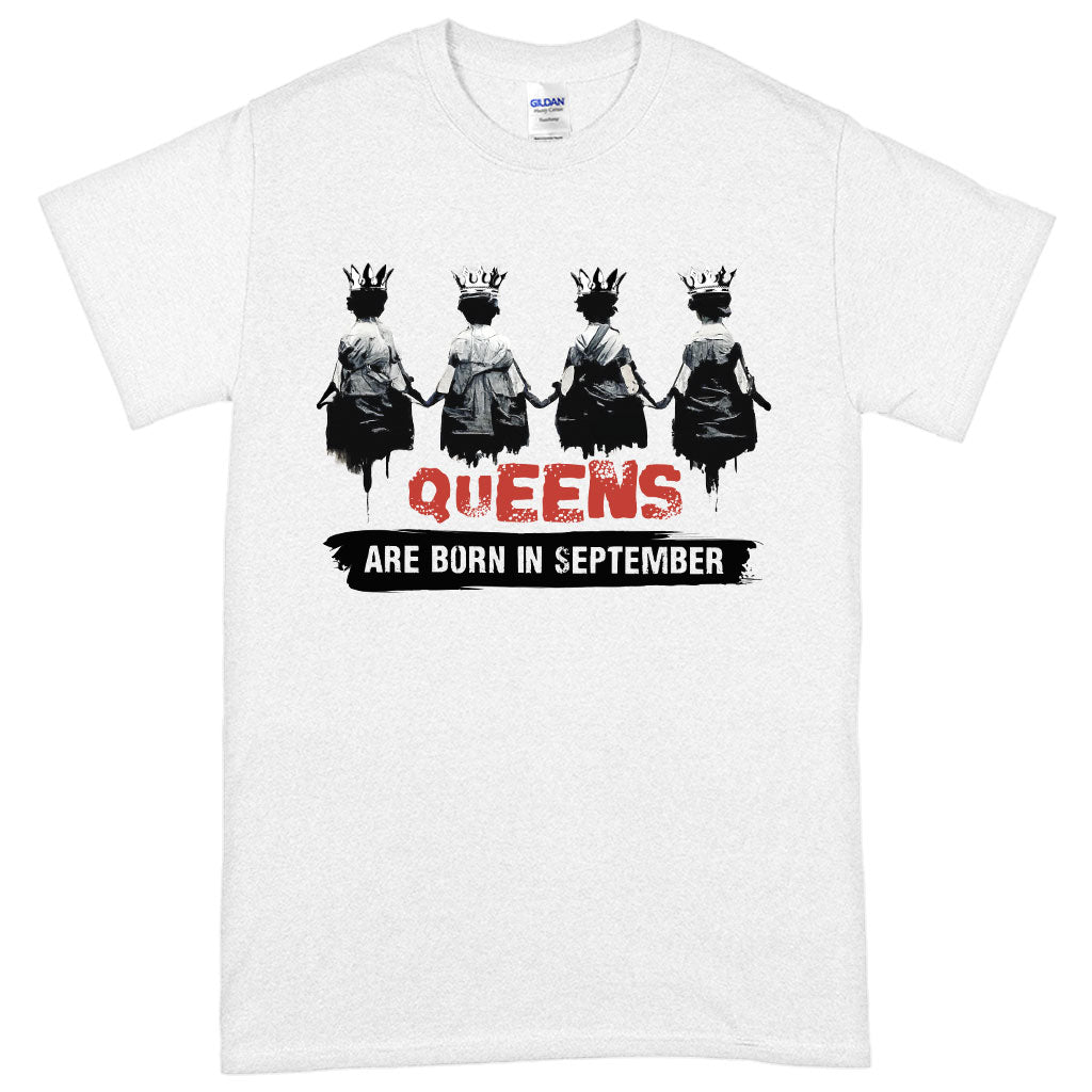 Queens are Born in September Heavy Cotton T-Shirt displayed on a mannequin, showcasing its vibrant color and comfortable fit.