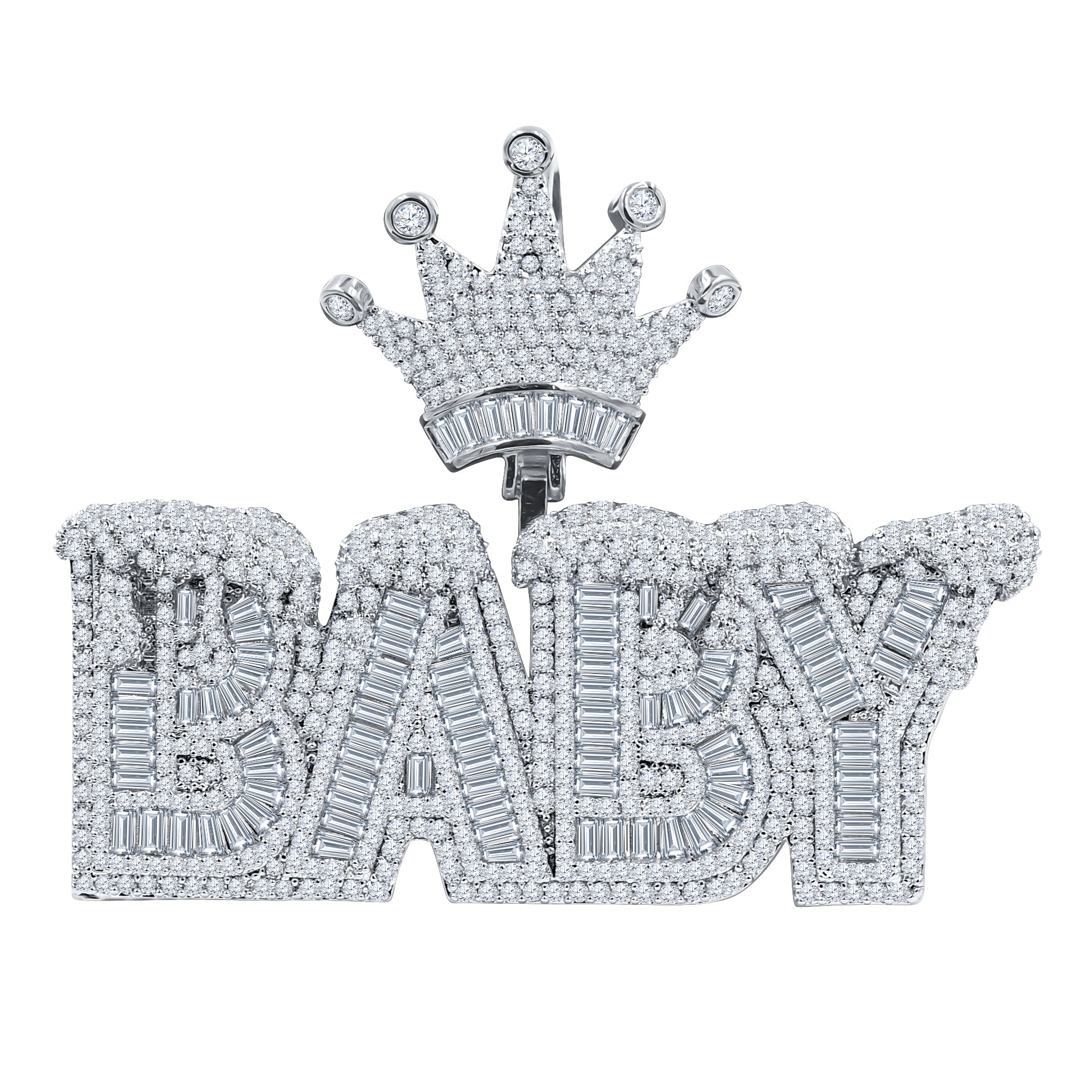 QUERIDA Hip Hop Crystal Pendant featuring a 'BABY' inscription with a crown, embellished with baguette-cut cubic zirconia stones.