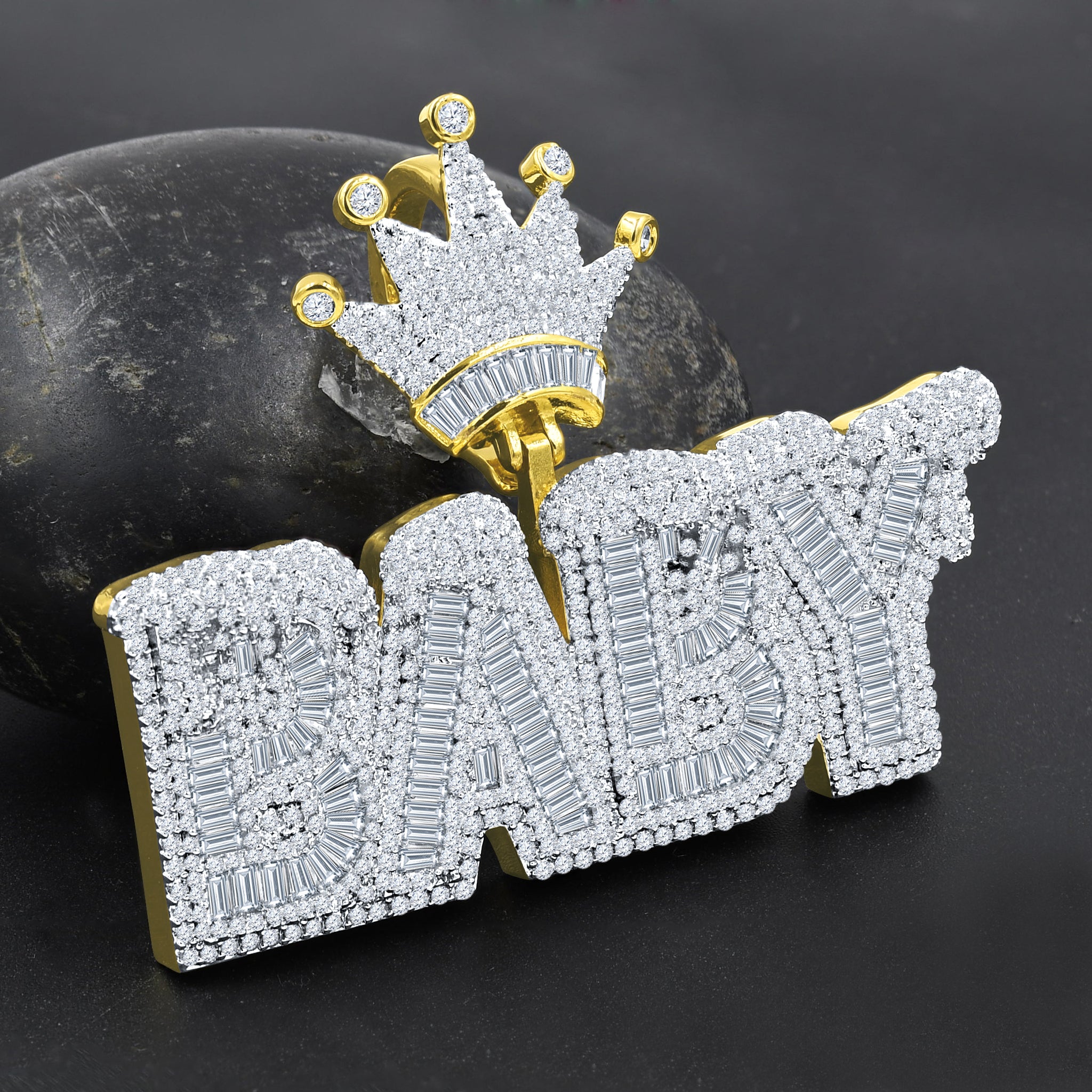 QUERIDA Hip Hop Crystal Pendant featuring a 'BABY' design with a crown, embellished with baguette-cut cubic zircon stones.