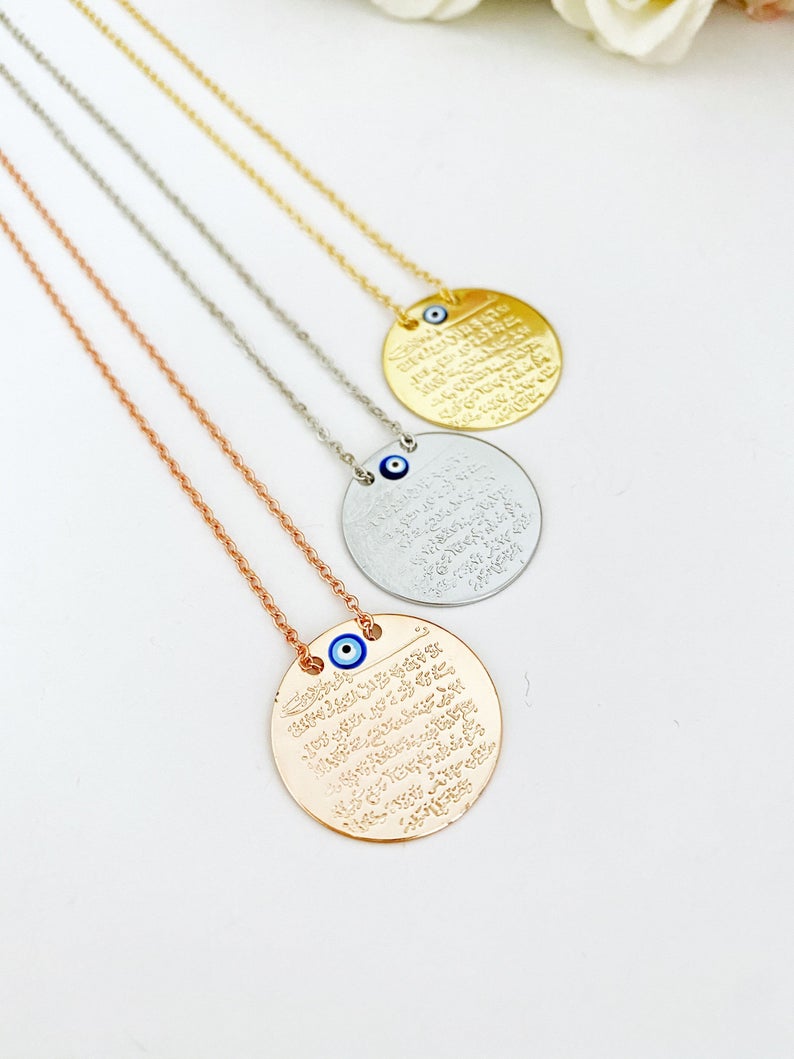 Handmade Quran Ayatul Kursi Necklace featuring an evil eye symbol, available in gold, rose gold, and silver, with a 0.75-inch pendant.