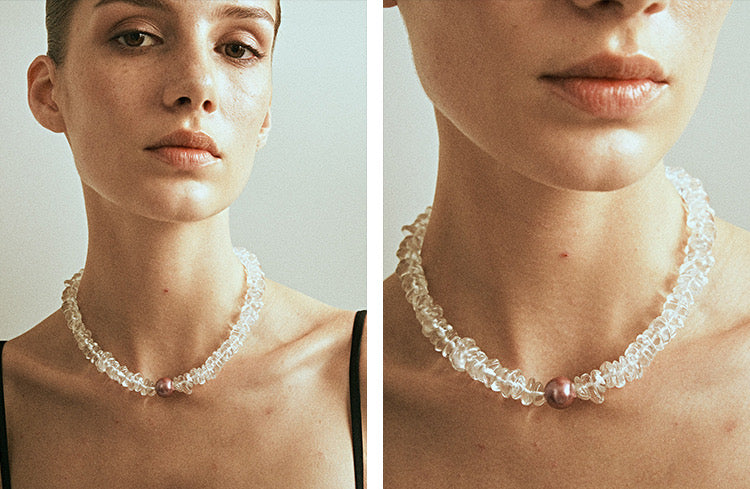 Radiant Majesty Transparent Crystal and Pearl Necklace featuring natural conch pearls and clear crystals, showcasing elegance and unique design.