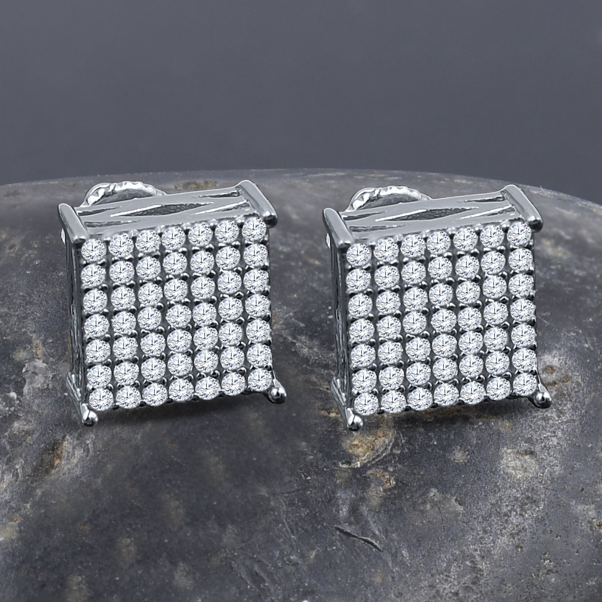 RAFFISH Silver Earrings featuring cubic zircon stones set in 925 sterling silver with a screw back design.