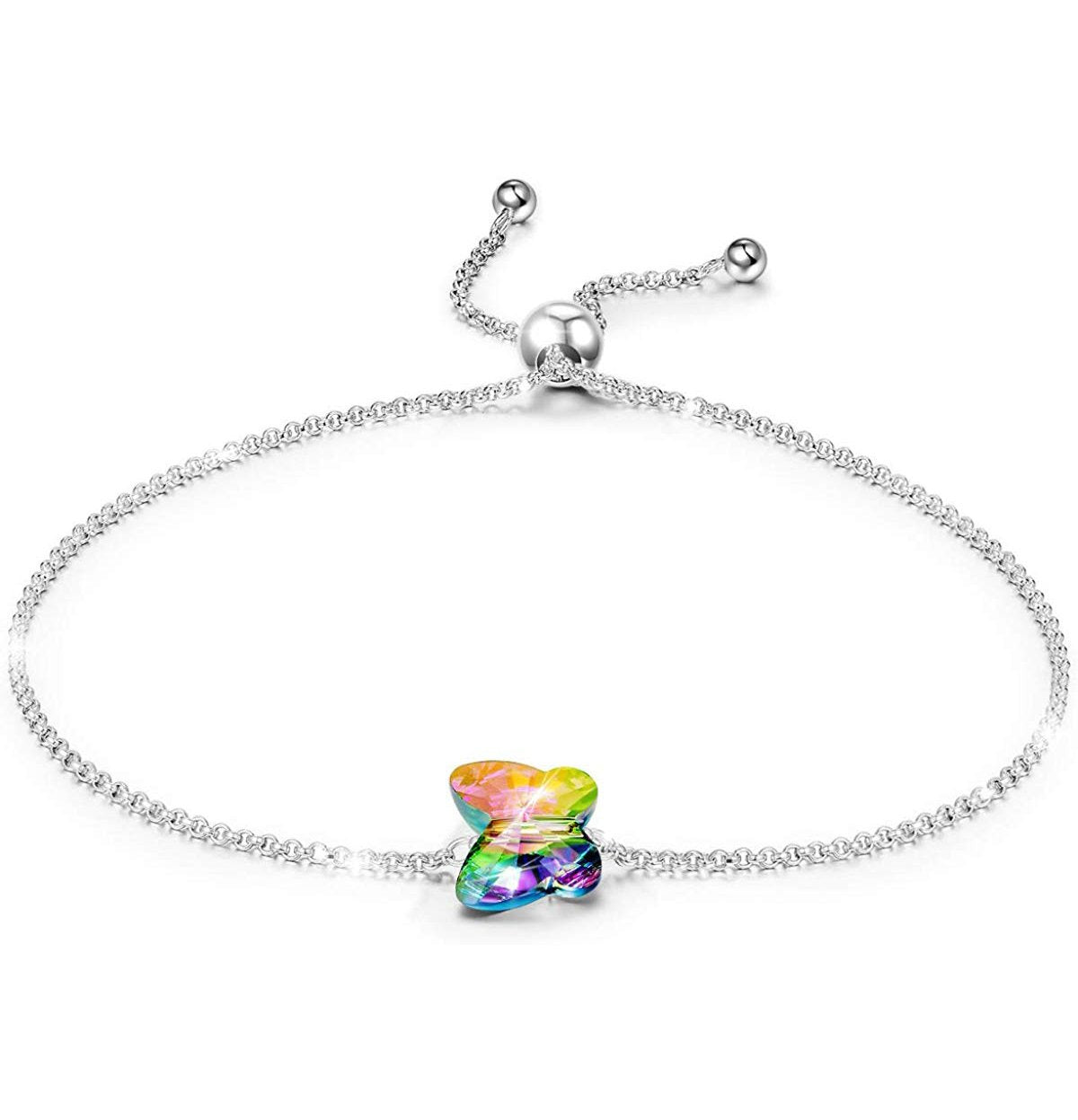 A beautiful Rainbow Aurora Borealis Butterfly Pendant Bracelet made of 14K white gold plating, featuring a colorful butterfly pendant and link chain.